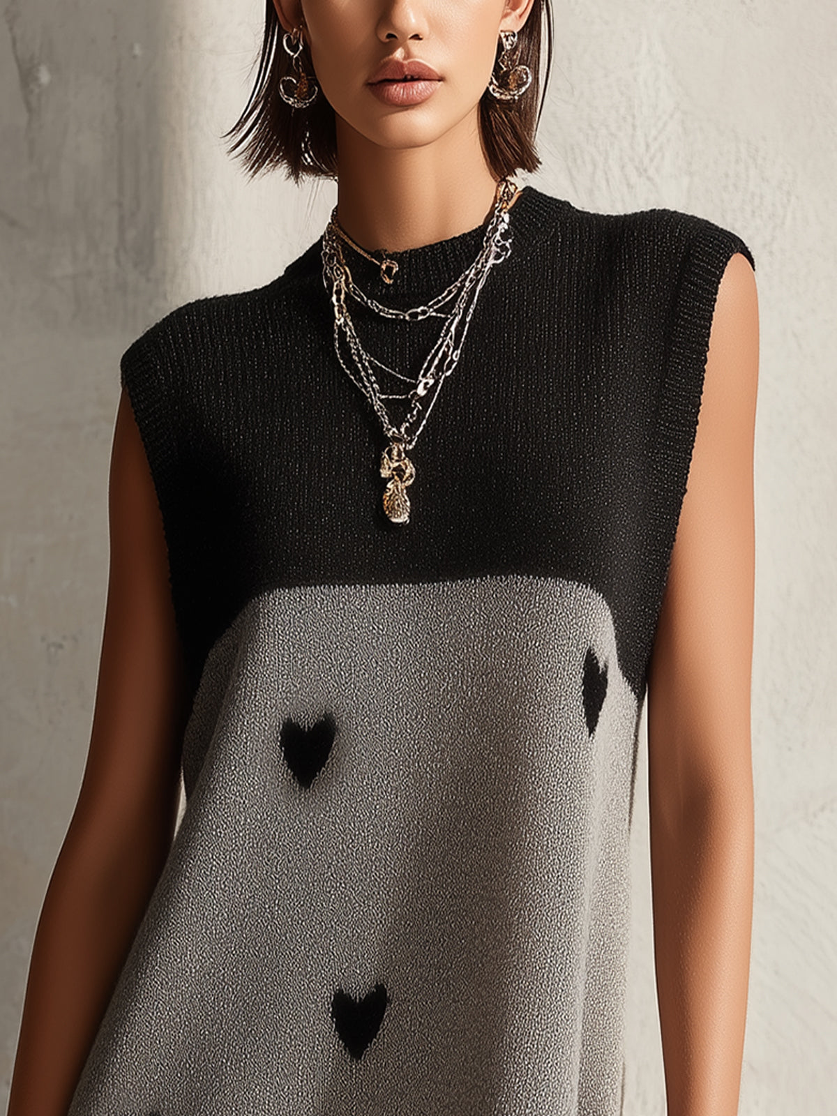 Black And Gray Heart Pattern Sleeveless Knit Mini Dress