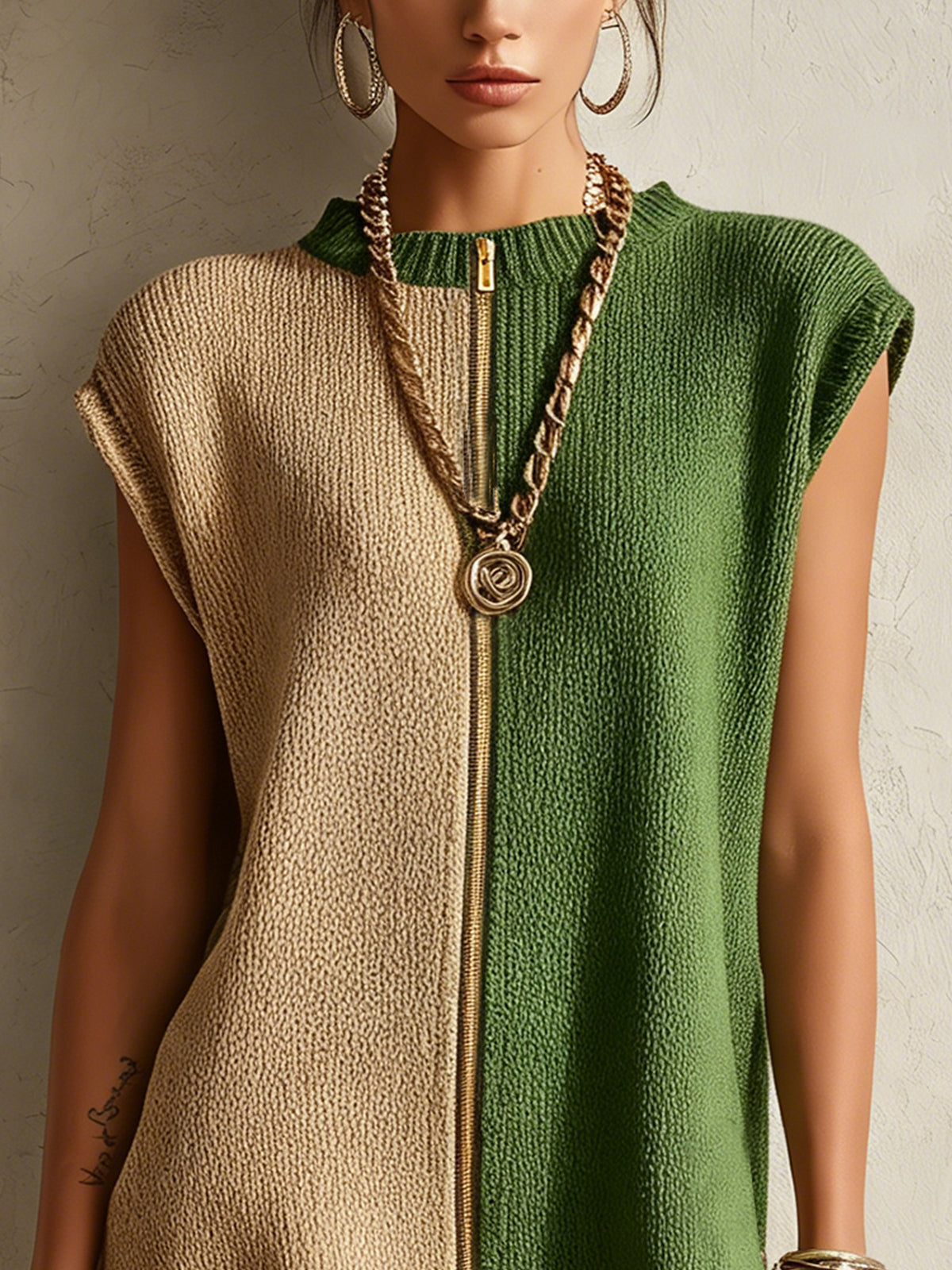 Beige And Olive Green Colorblock Zip-Front Knit Mini Dress