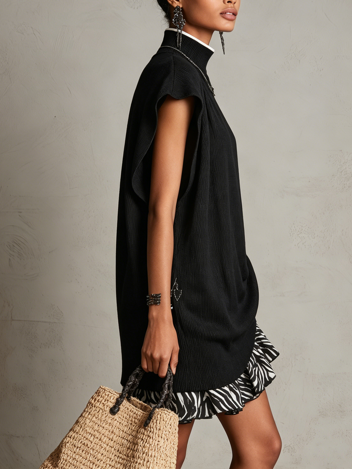 Black Knit Zebra Print Ruffle Hem Mini Dress