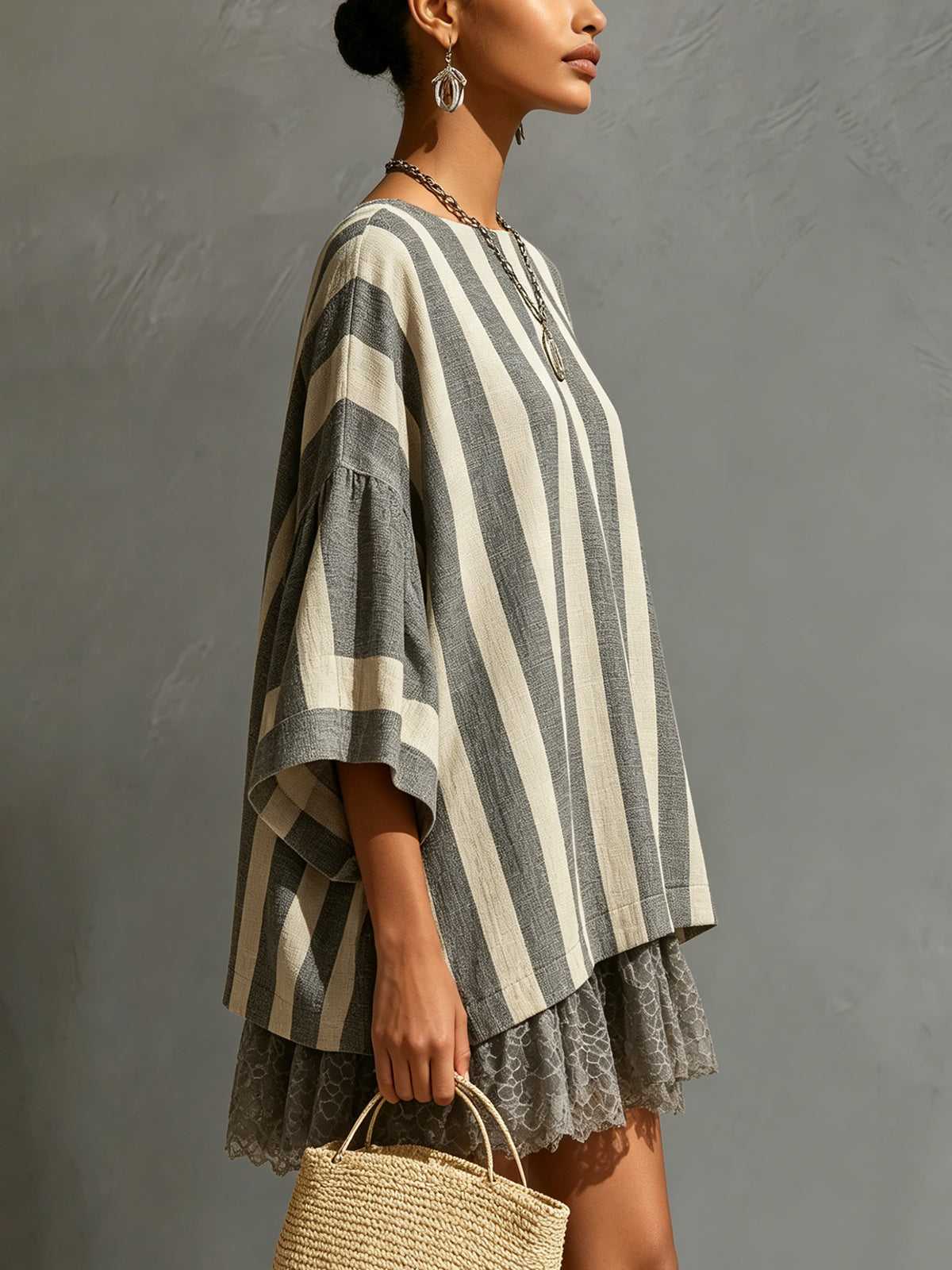 Gray And Beige Striped Linen Oversized Mini Dress
