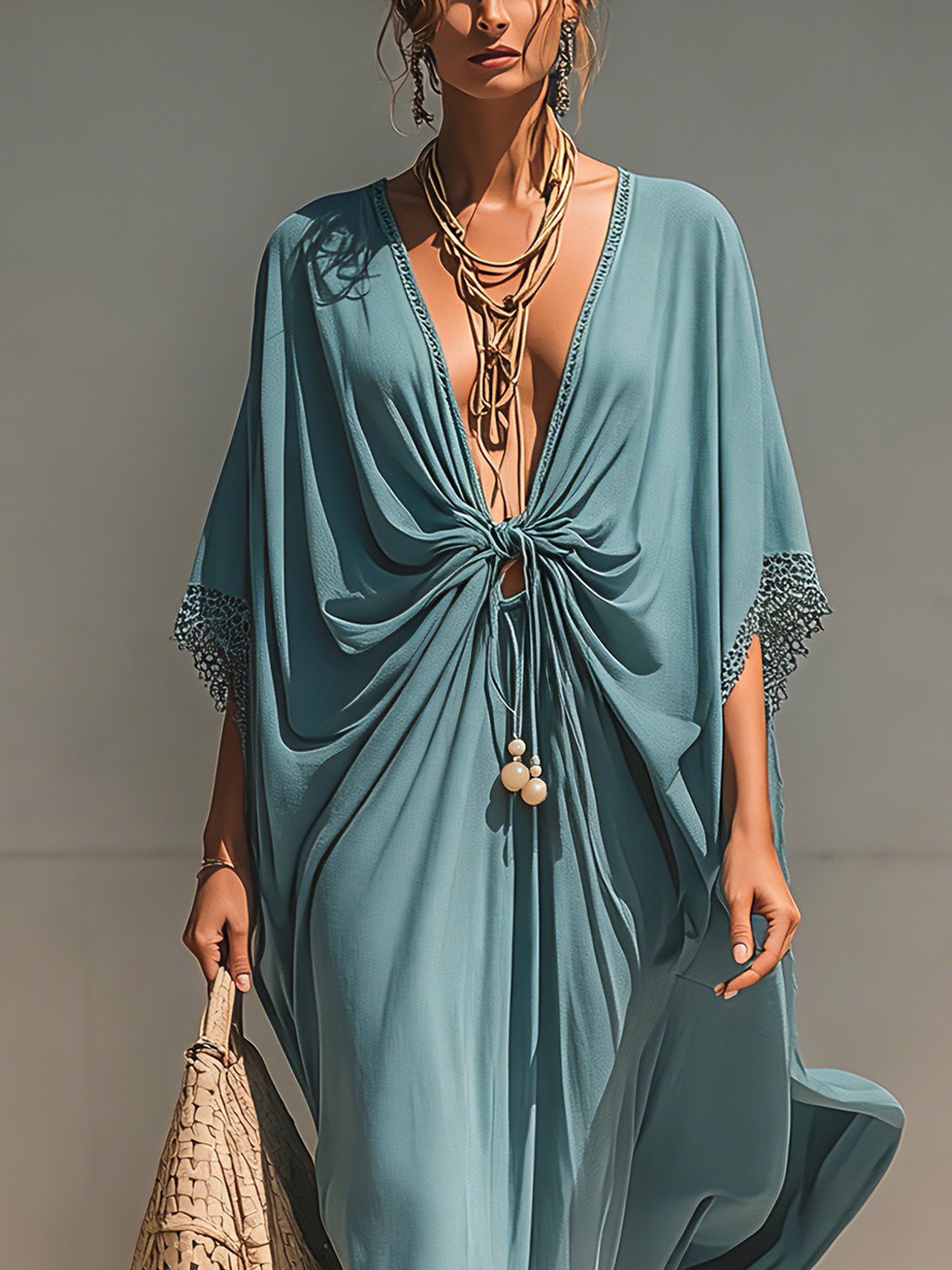 Blue Relaxed Fit Drawstring Maxi Dress