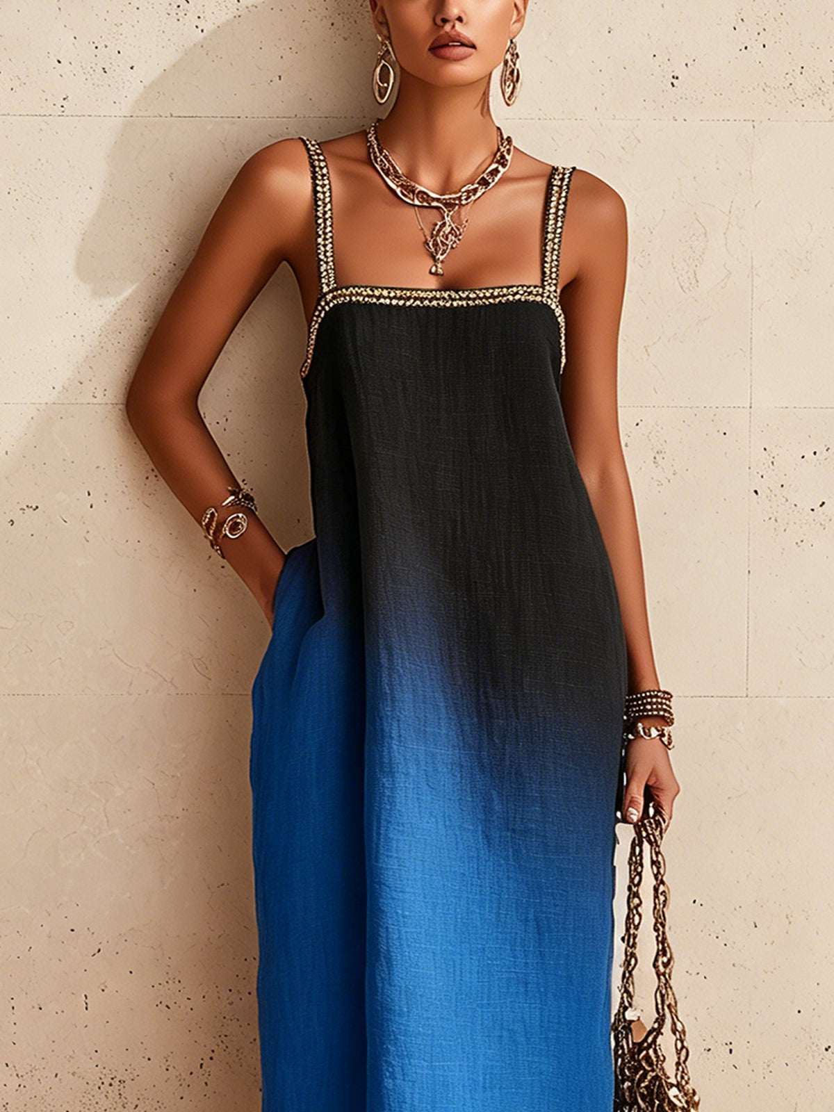 Black And Blue Ombre Spaghetti Strap Maxi Dress