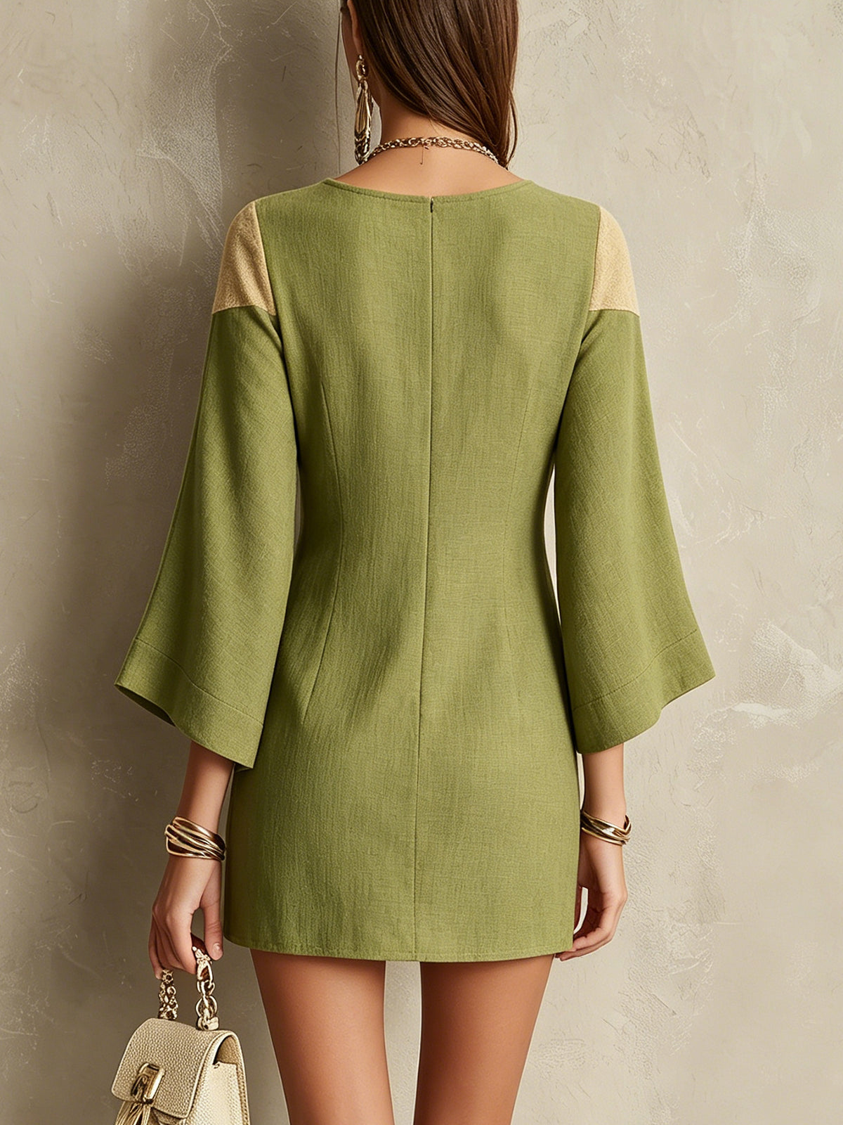 Olive Green And Beige Embroidered Linen Square-Neck Mini Dress
