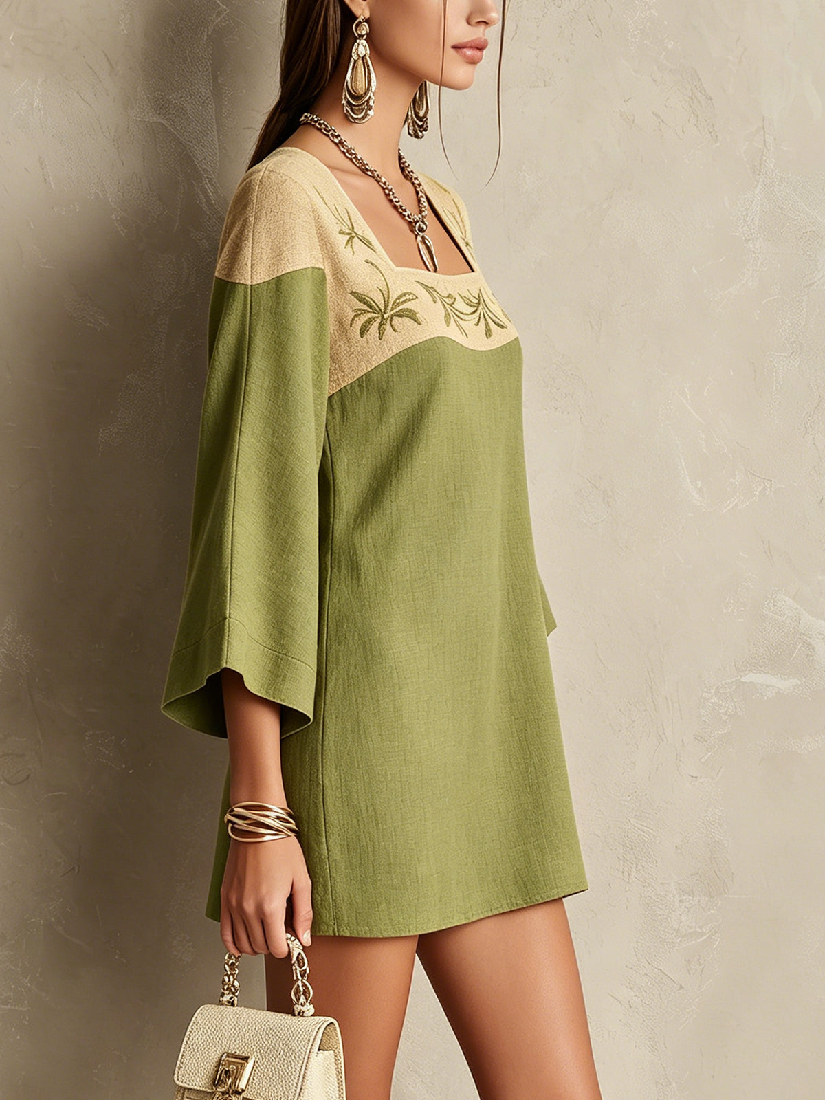 Olive Green And Beige Embroidered Linen Square-Neck Mini Dress