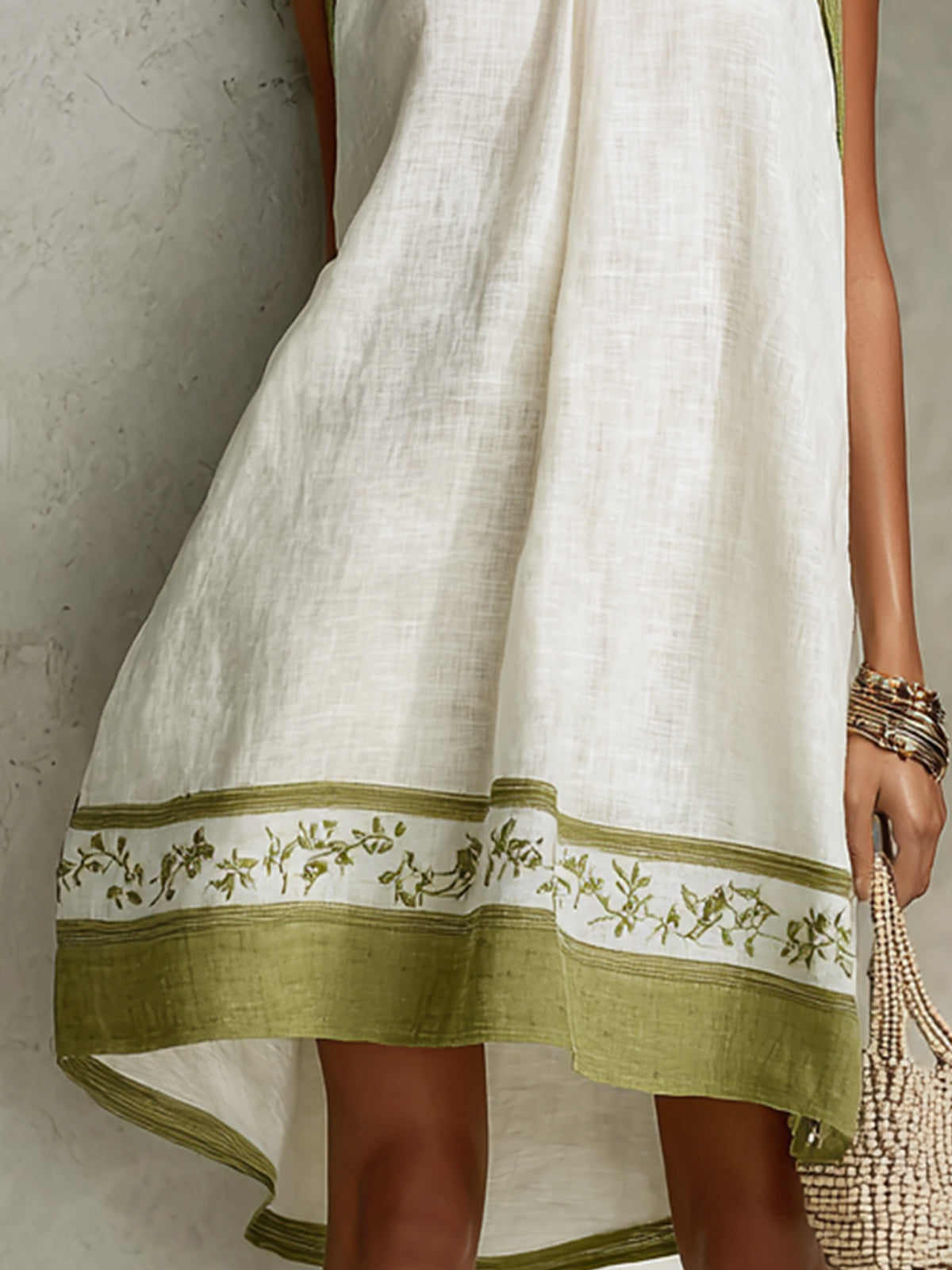 White And Olive Green Embroidered High-Neck Linen A-Line Dress