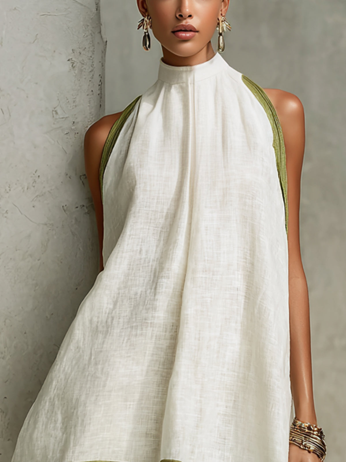 White And Olive Green Embroidered High-Neck Linen A-Line Dress