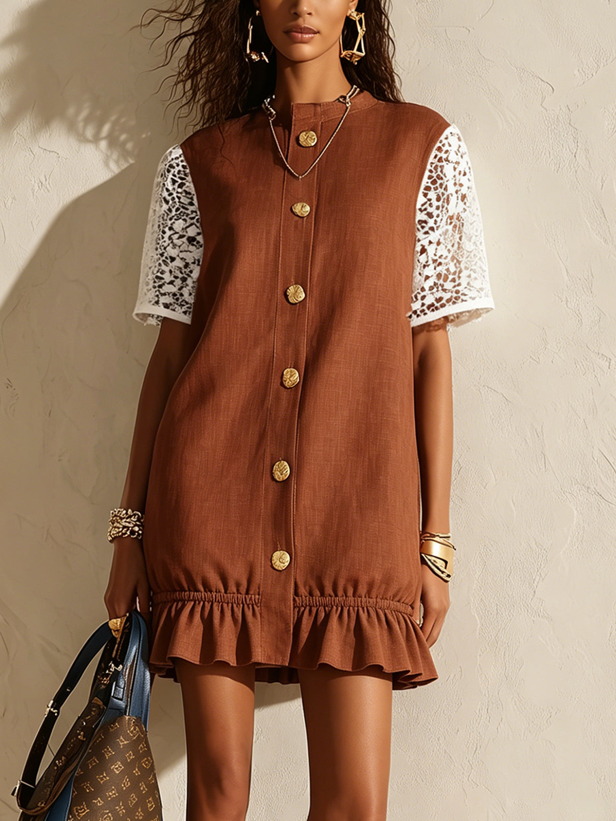 Brown Lace Sleeve Button-Front Mini Dress with Ruffle Hem