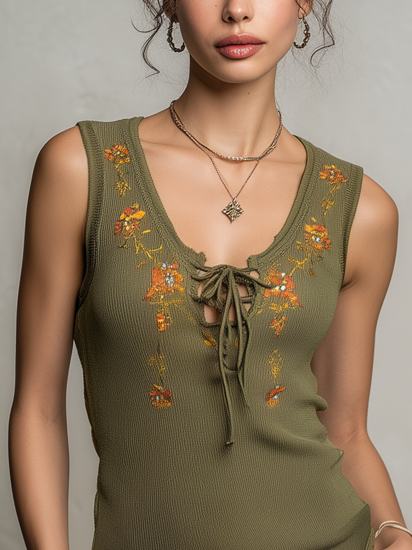 Olive Green Lace-Up Embroidered Knit Sleeveless Tank Top