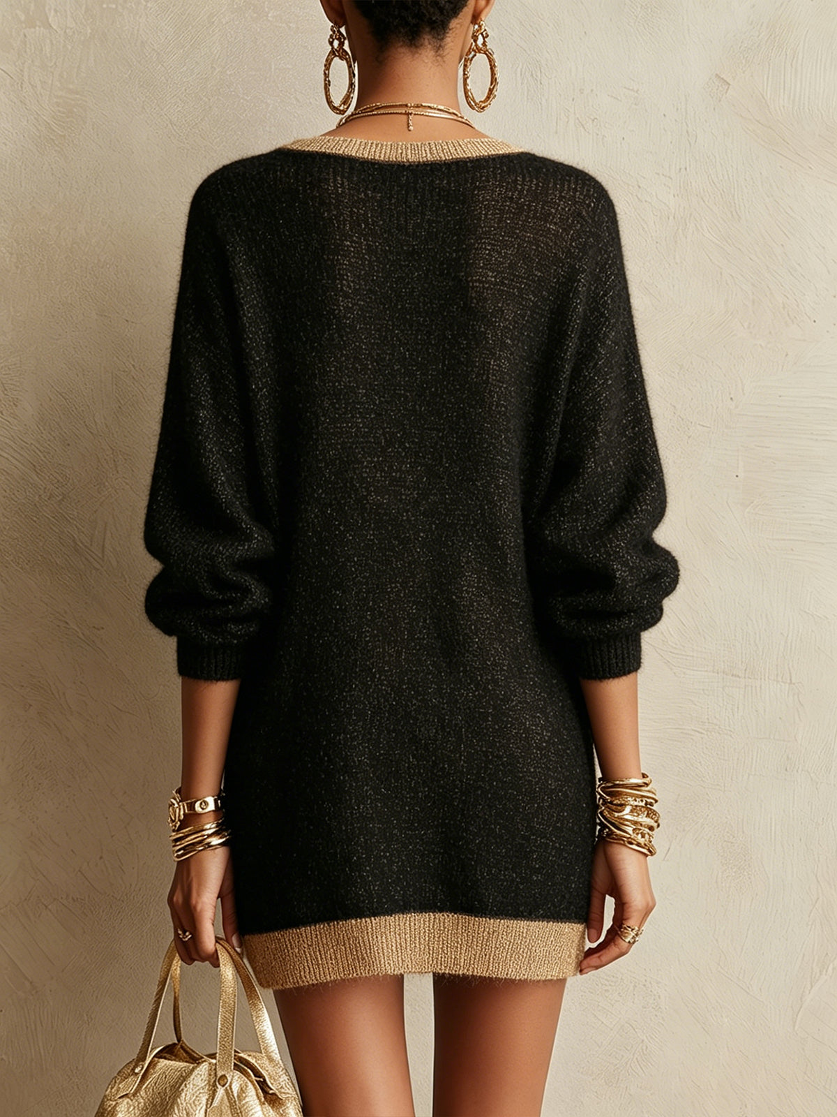 Black And Gold Deep V-Neck Fuzzy Knit Mini Dress