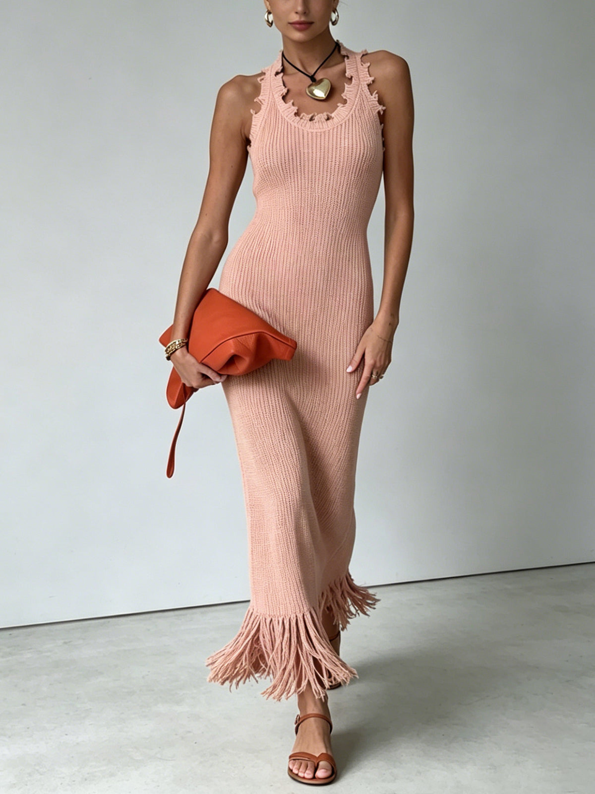 Pink Knit Fringe Hem Sleeveless Maxi Dress