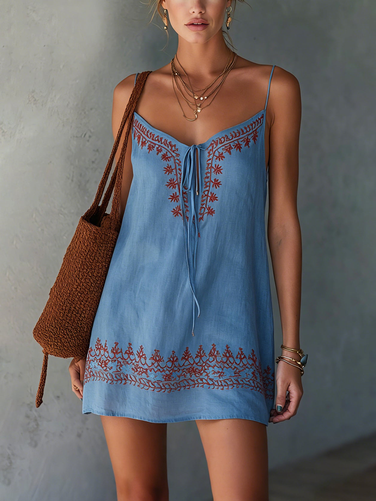 Blue Linen Embroidered Spaghetti Strap Mini Dress
