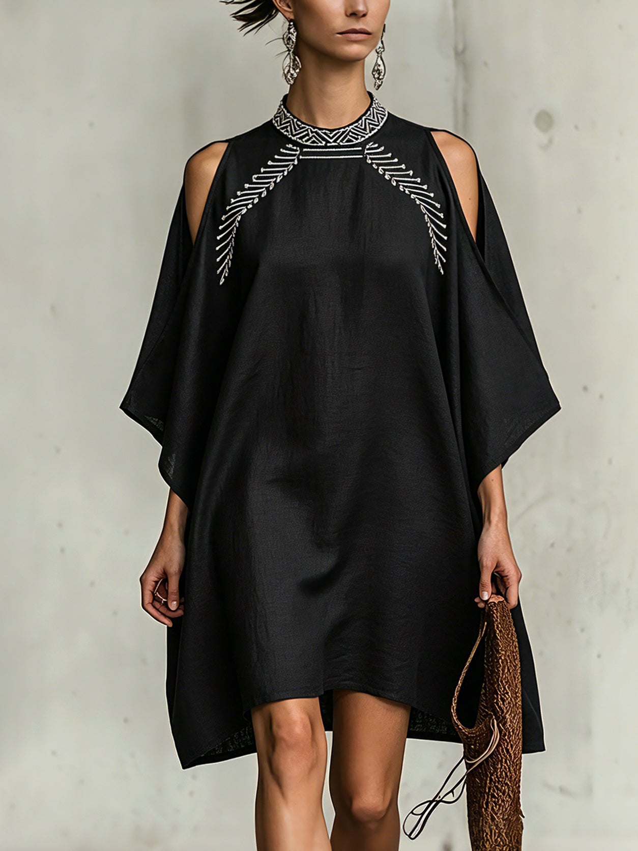 Black Linen Embroidered Off Shoulder Mini Dress