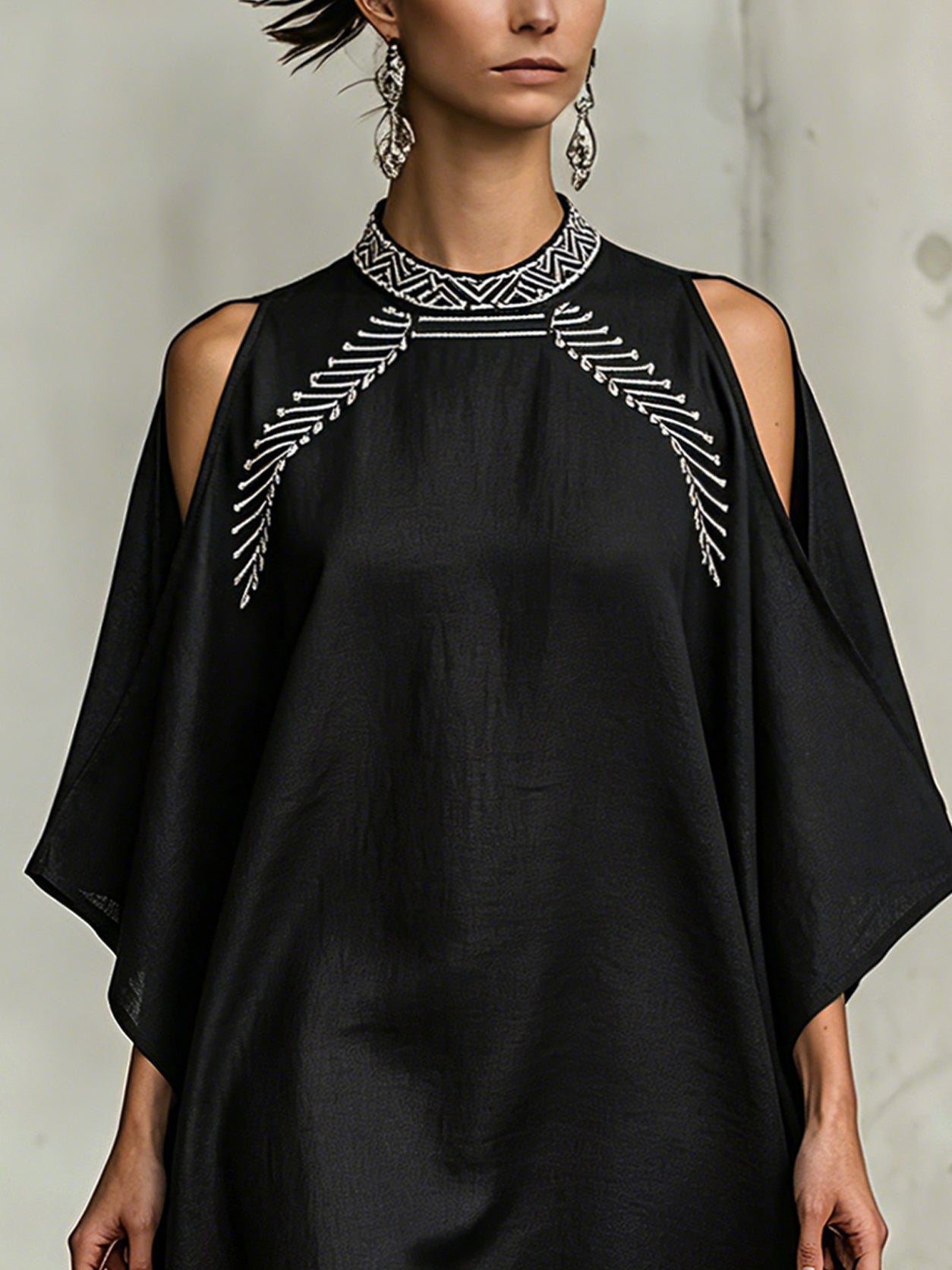 Black Linen Embroidered Off Shoulder Mini Dress