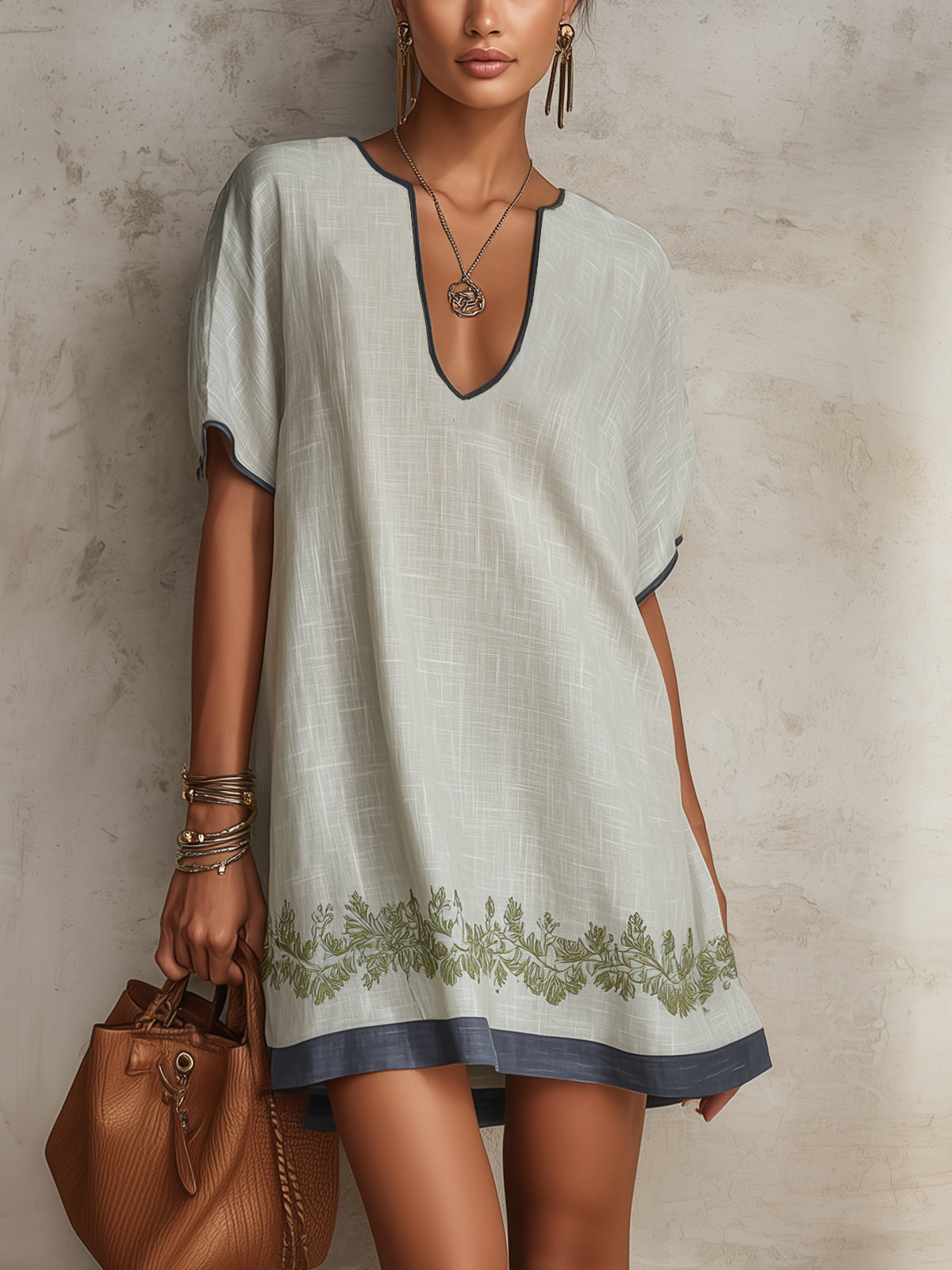 Light Green Embroidered V-Neck Linen Mini Dress