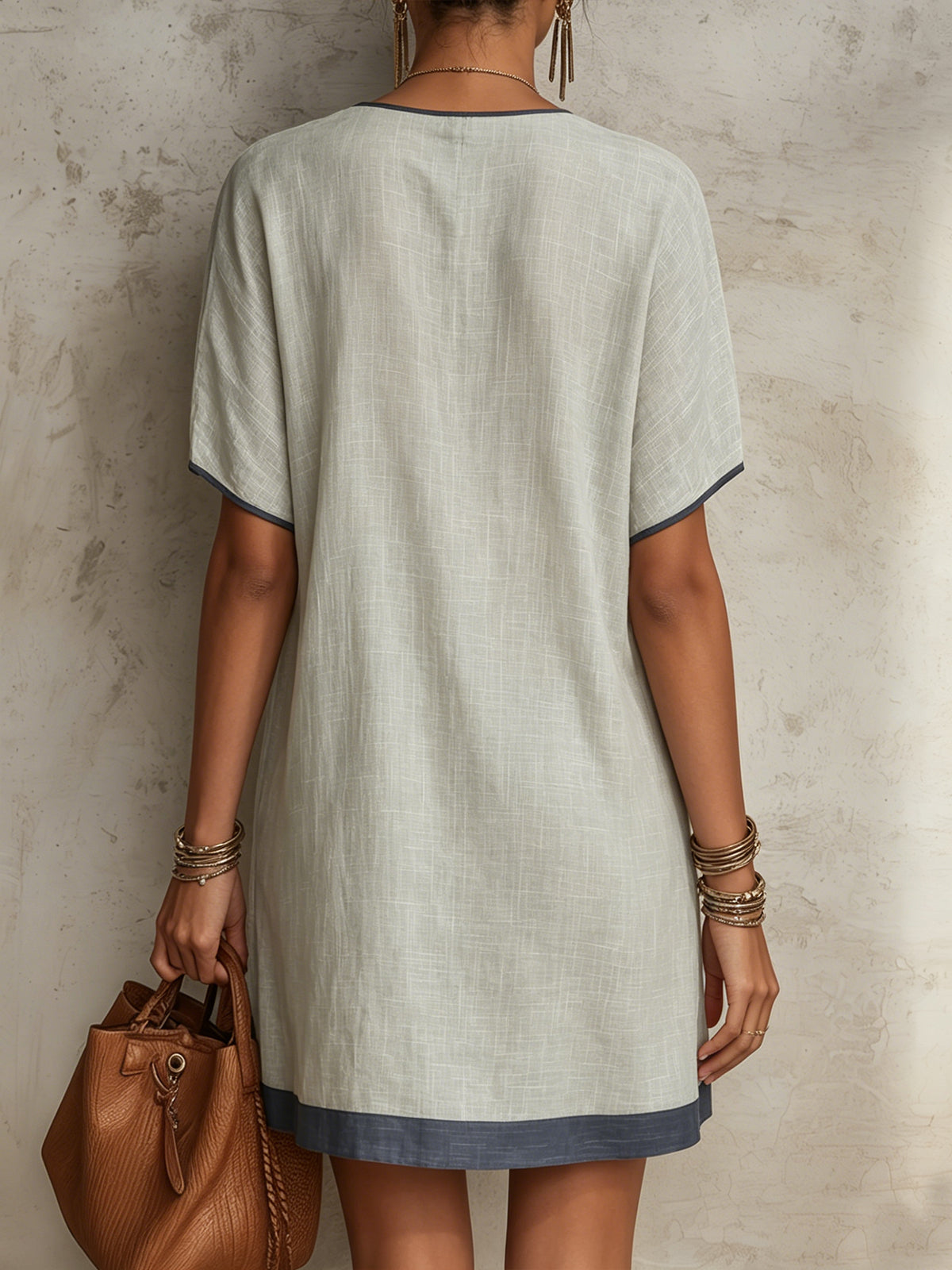 Light Green Embroidered V-Neck Linen Mini Dress
