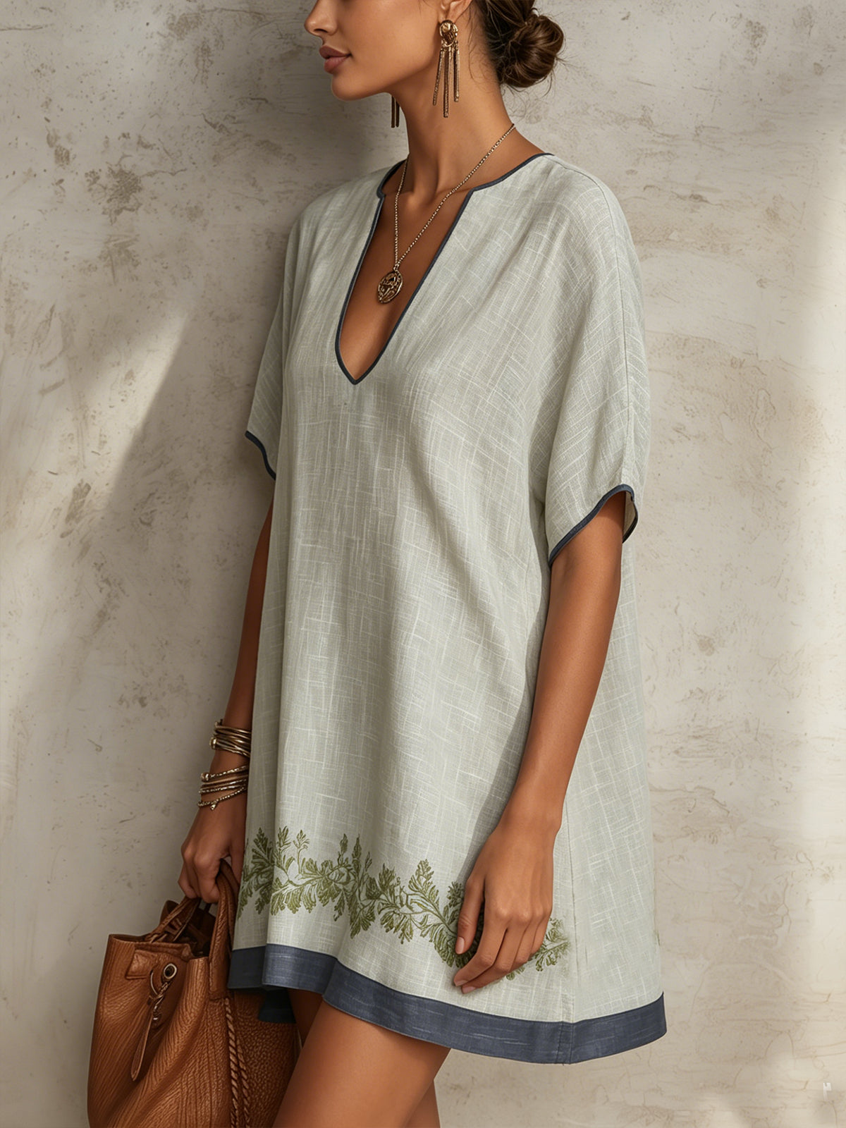 Light Green Embroidered V-Neck Linen Mini Dress