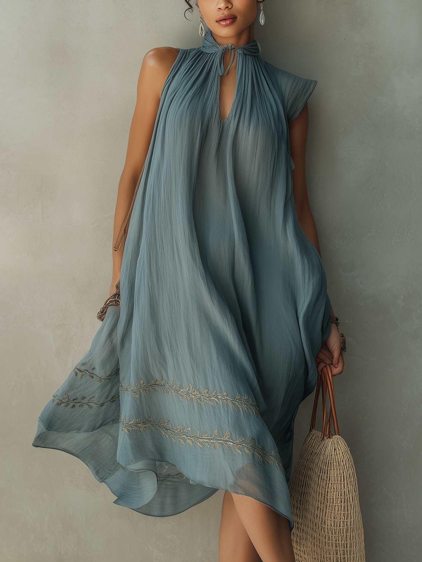 Dusty Blue Embroidered Sleeveless Chiffon Midi Dress