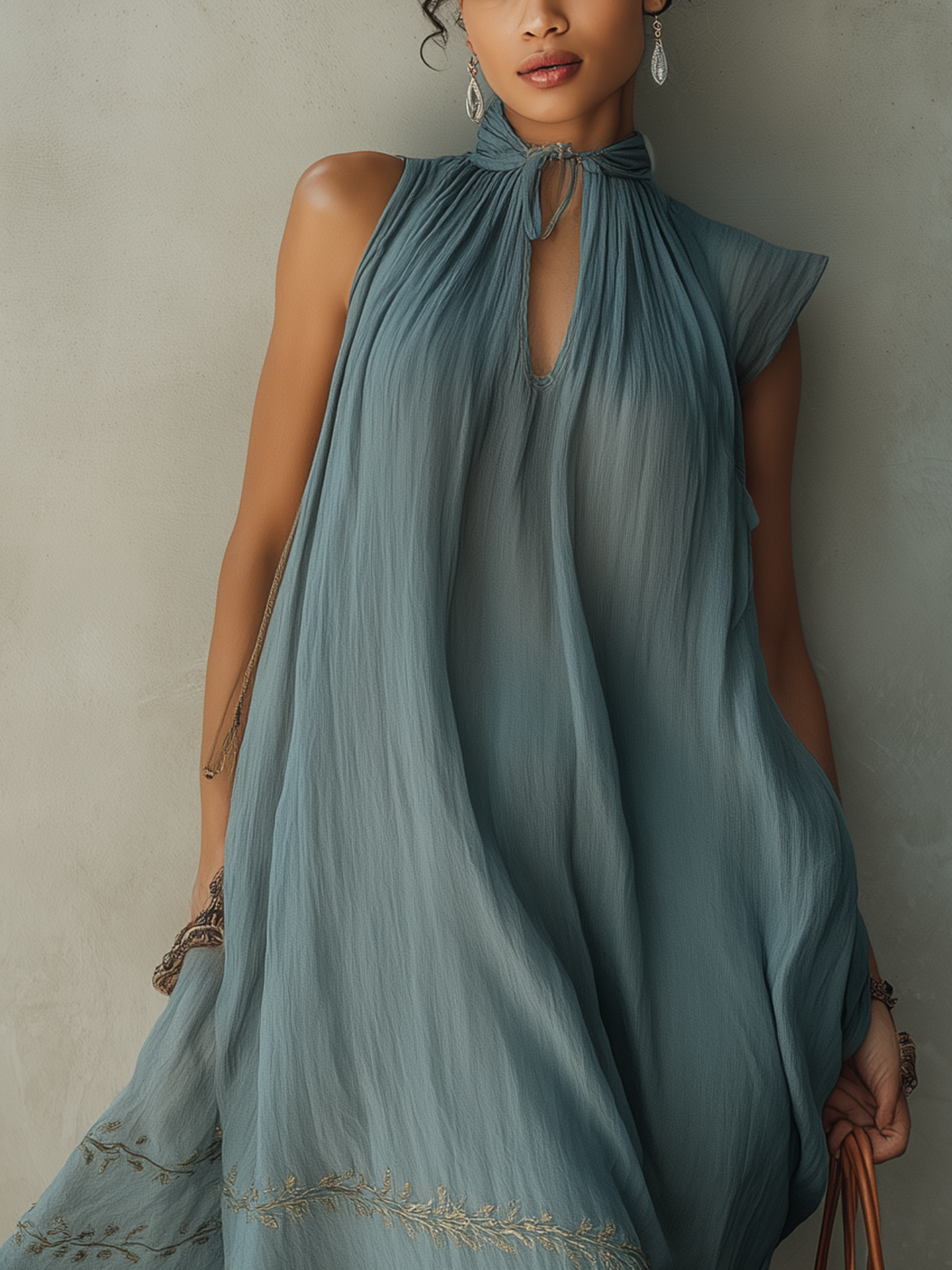 Dusty Blue Embroidered Sleeveless Chiffon Midi Dress