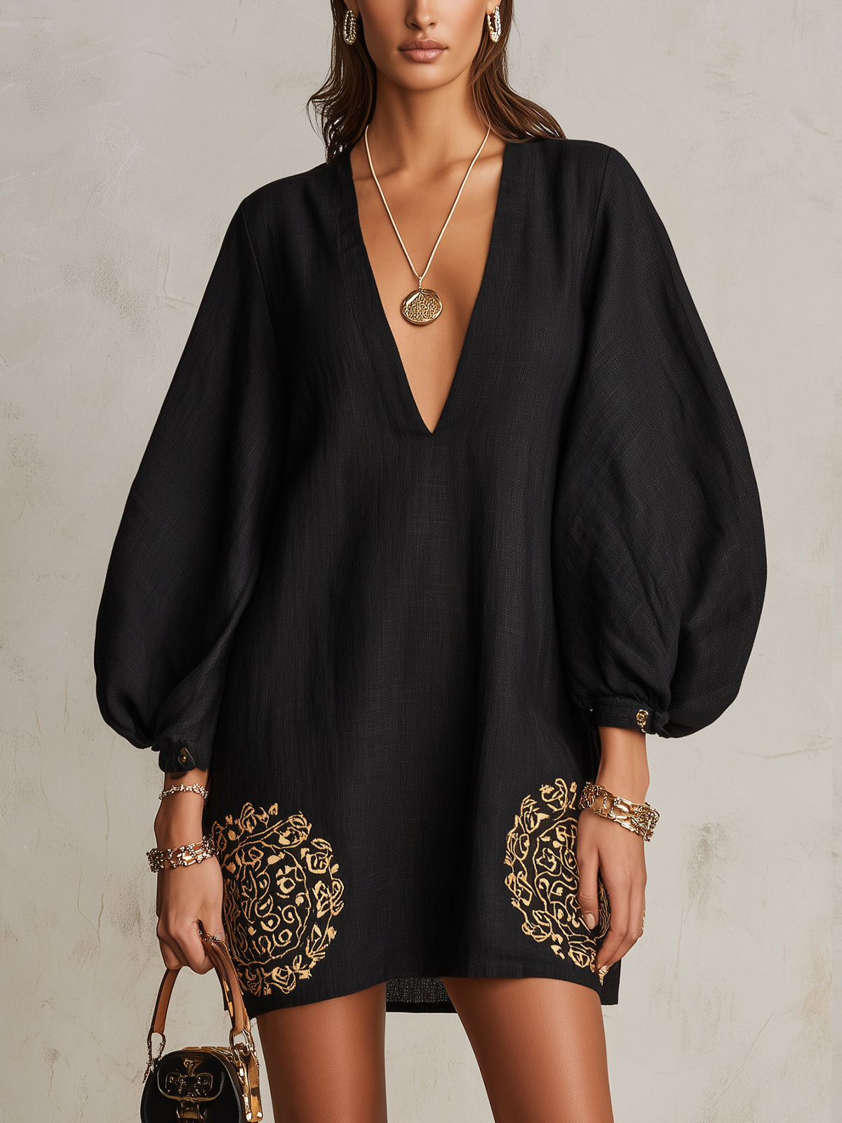Black Deep V-Neck Balloon Sleeve Mini Dress With Gold Embroidery
