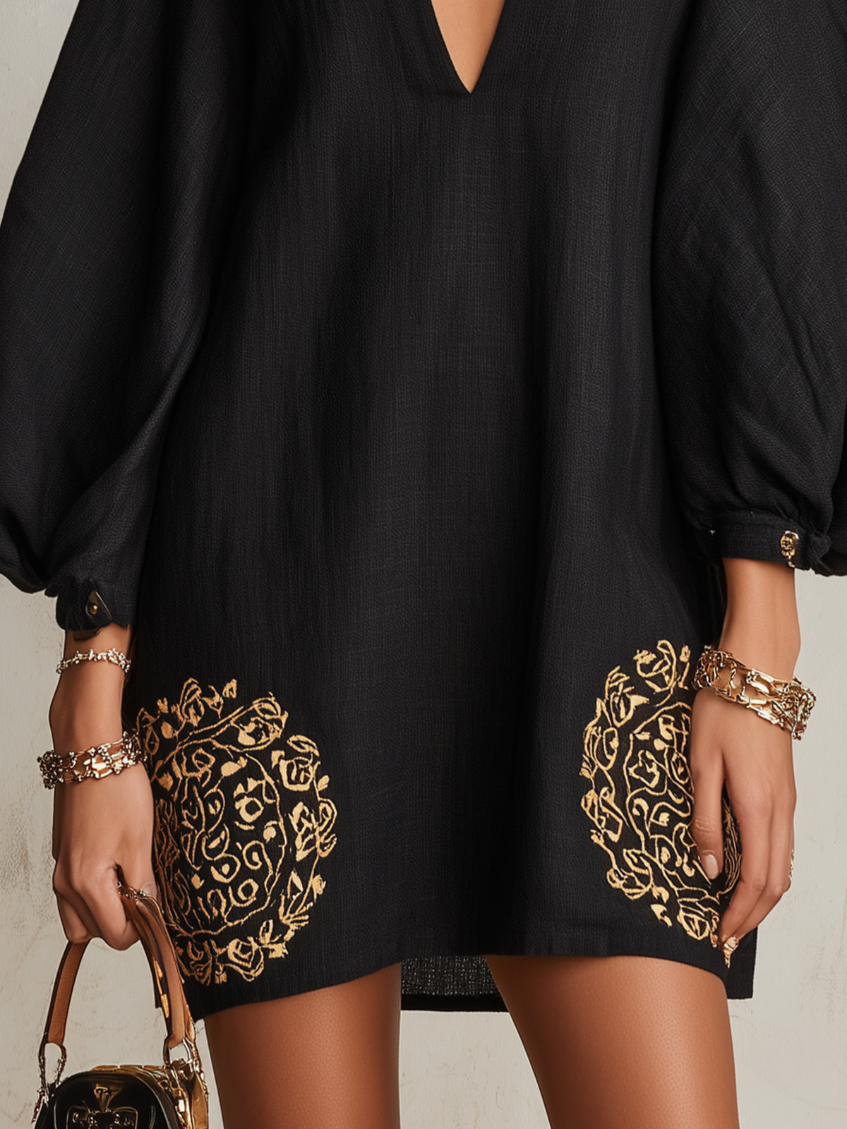 Black Deep V-Neck Balloon Sleeve Mini Dress With Gold Embroidery