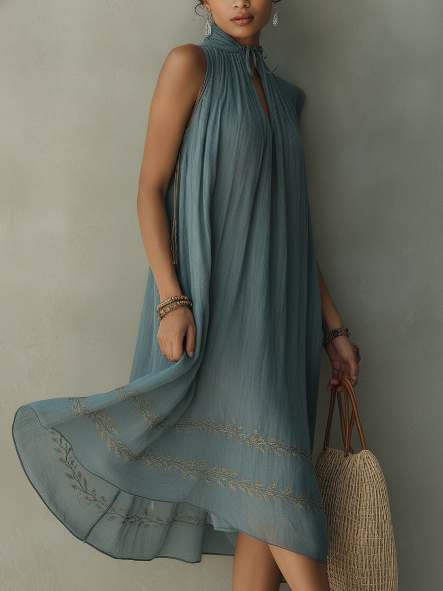Dusty Blue Embroidered Sleeveless Chiffon Midi Dress