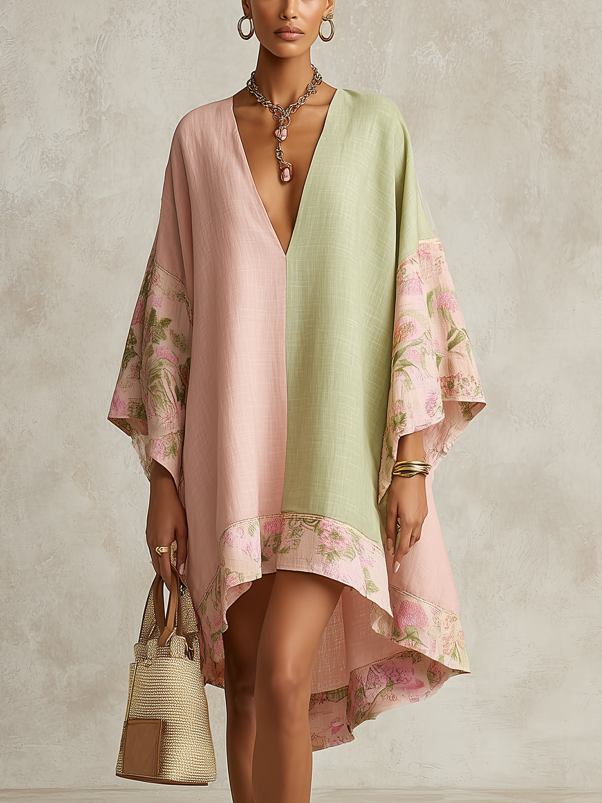 Green And Pink Colorblock Floral Trim Midi Dress