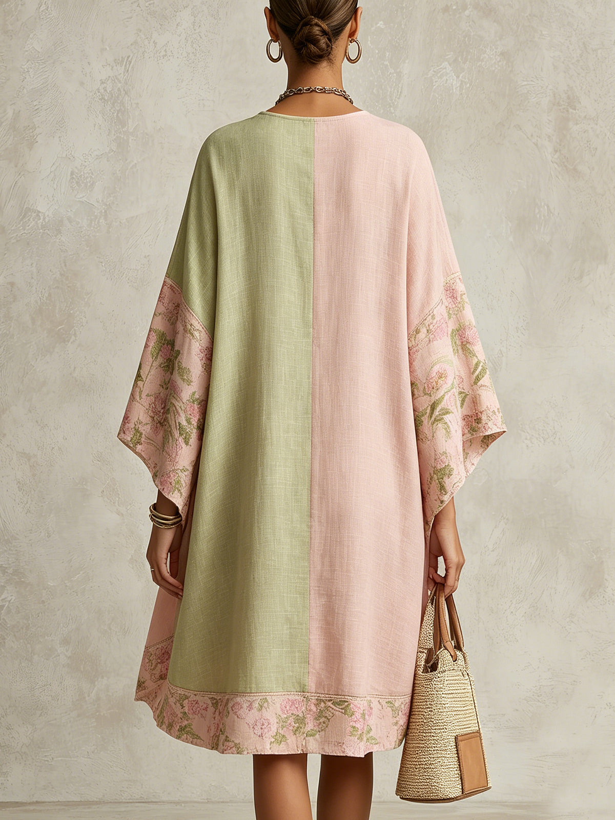Green And Pink Colorblock Floral Trim Midi Dress