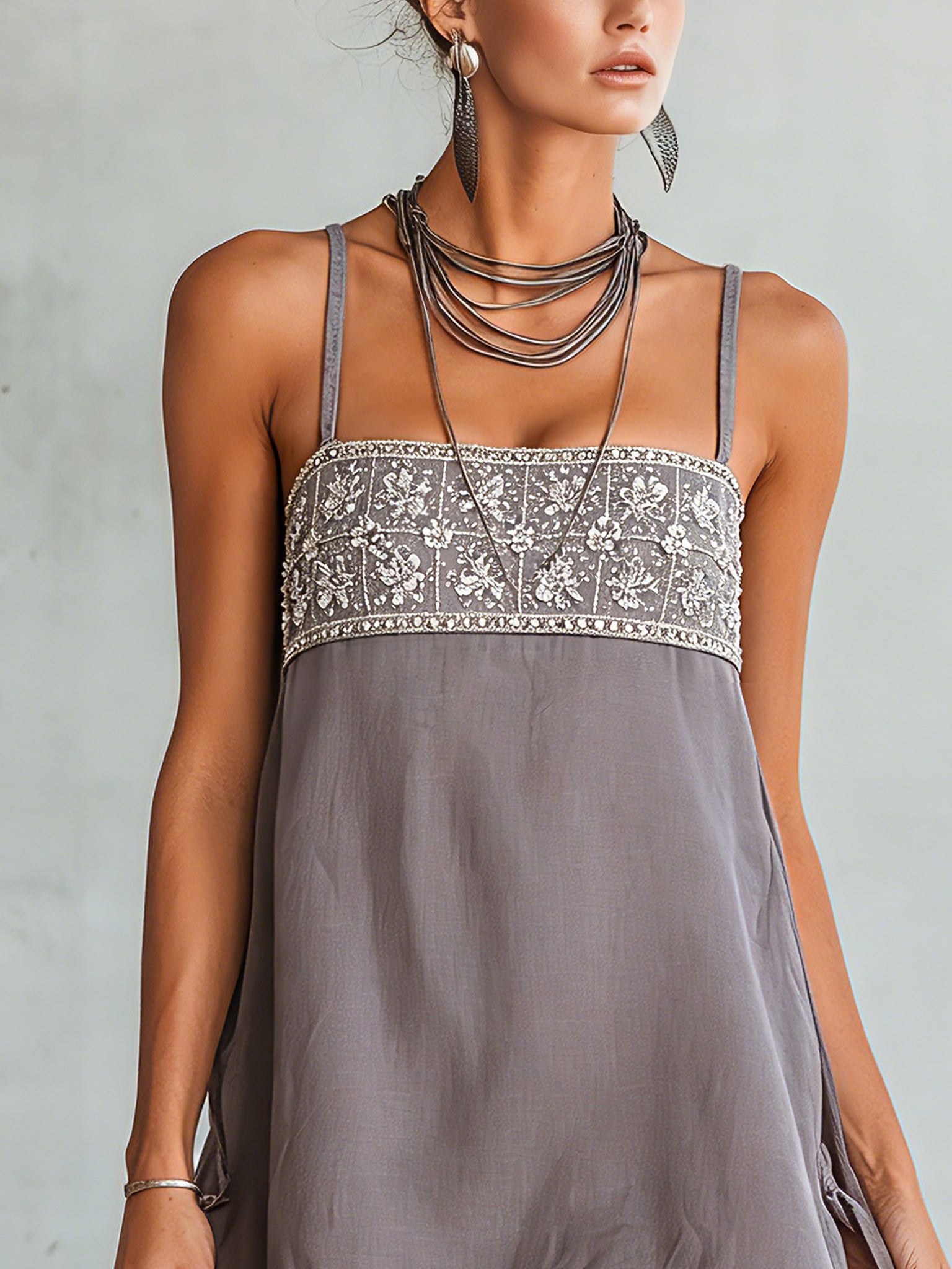 Purple Linen Blend Embroidered Strap Mini Dress