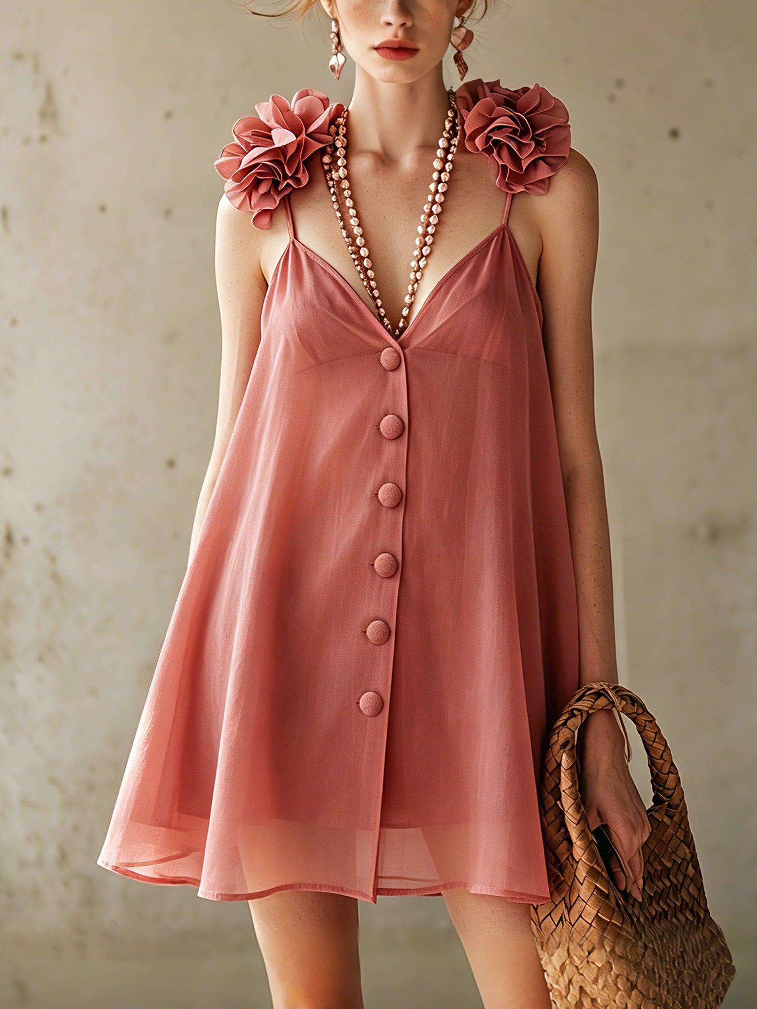 Pink 3D Floral Strap Mini Dress