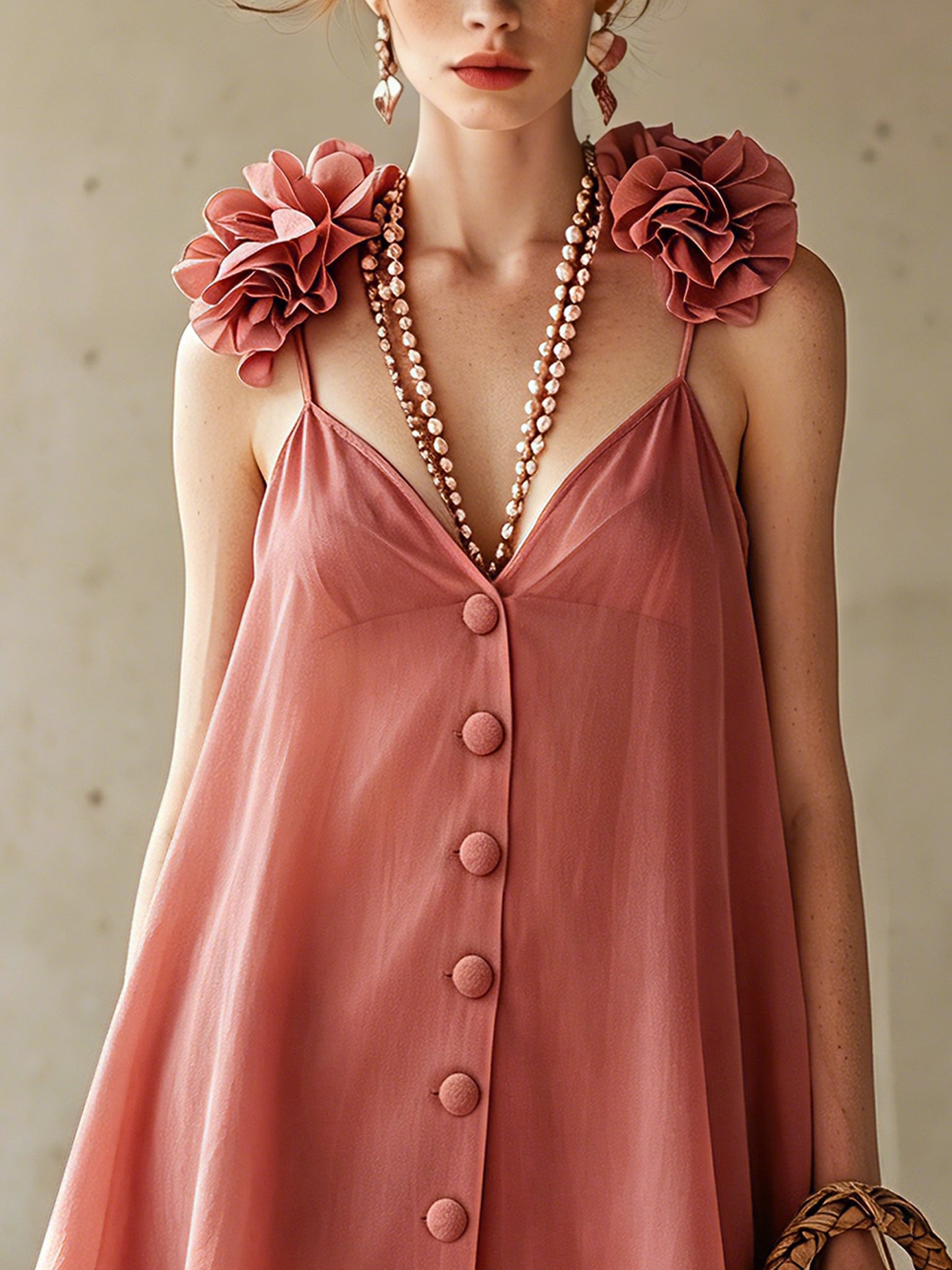 Pink 3D Floral Strap Mini Dress