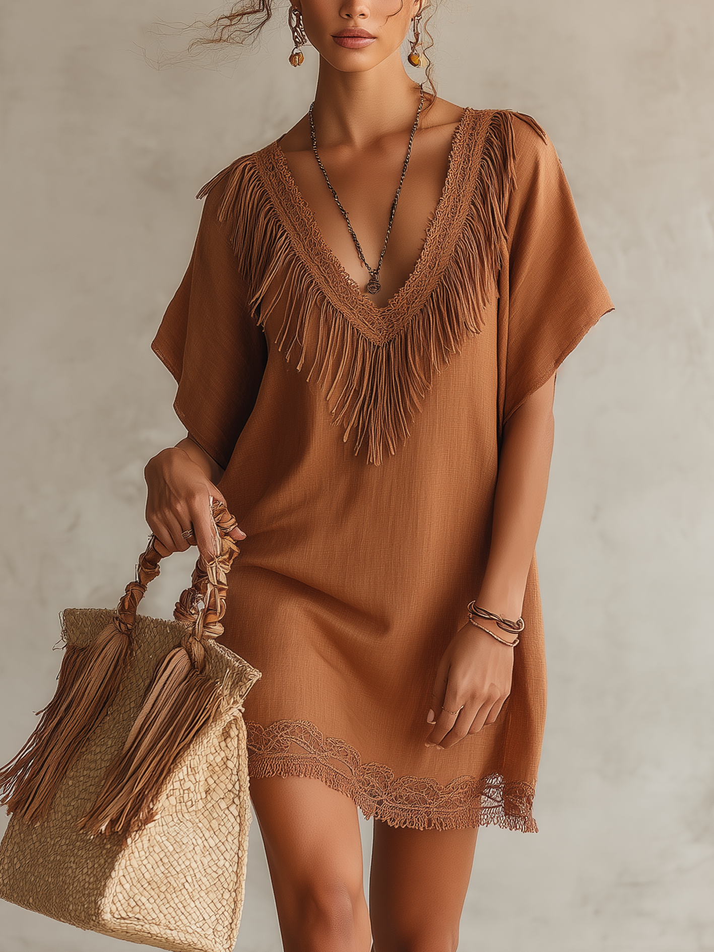 Brown Lace Fringe V-Neck Mini Dress