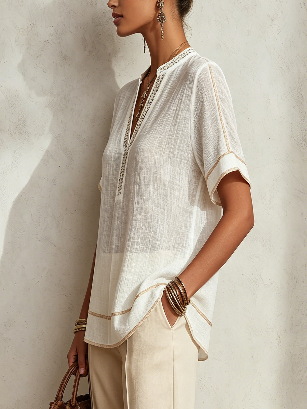 White V-Neck Short Sleeve Blouse