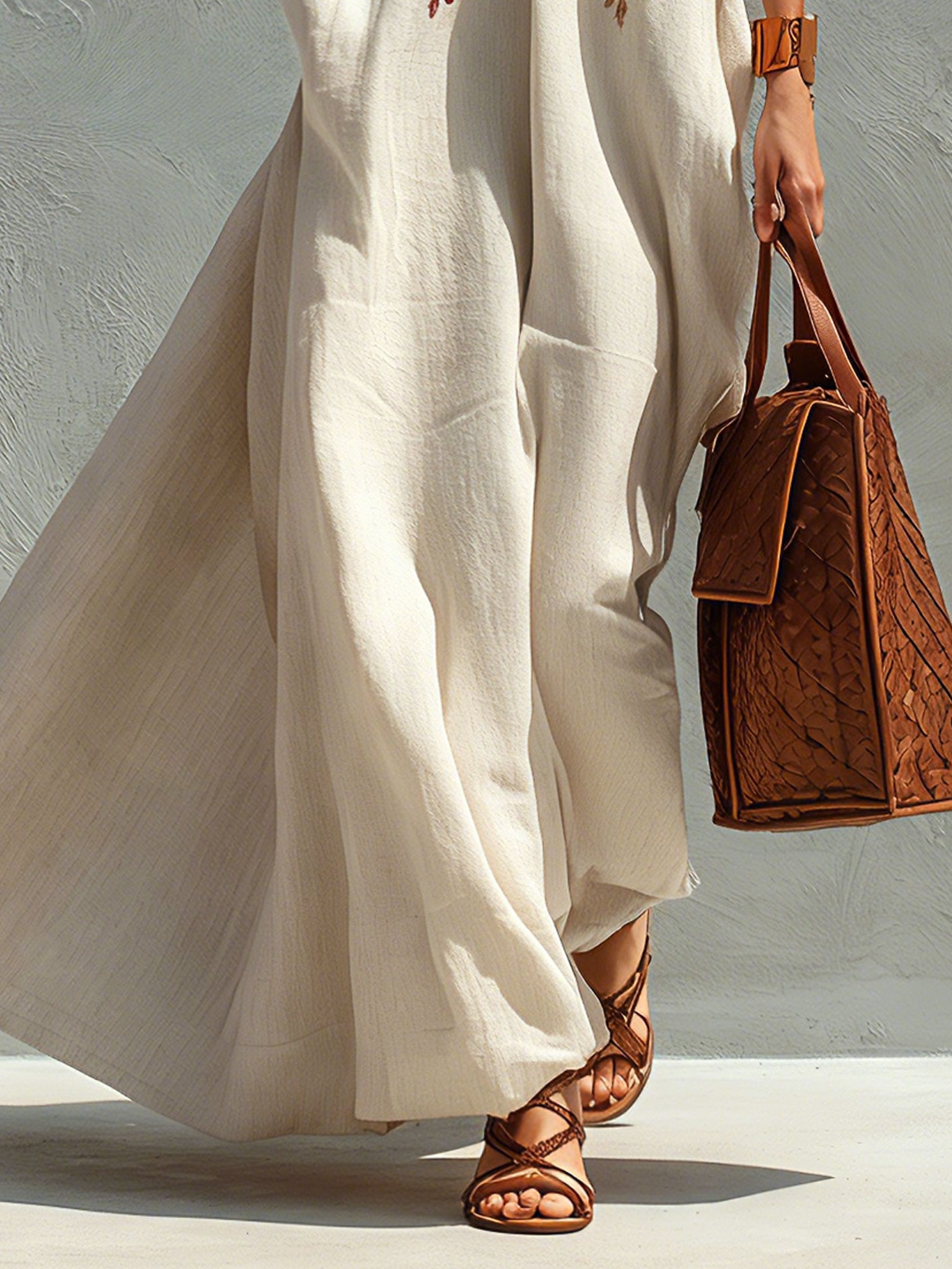 Beige Linen Blend Sleeveless Embroidered Maxi Dress
