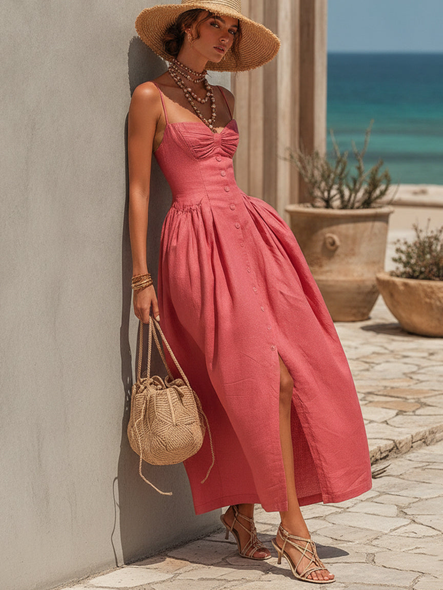 Peach Pink Linen Blend Maxi Dress