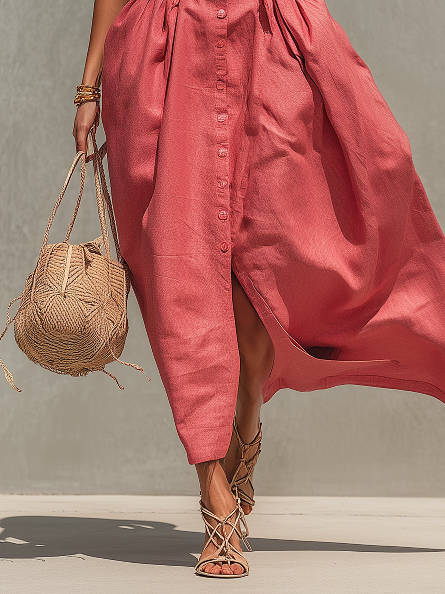 Peach Pink Linen Blend Maxi Dress