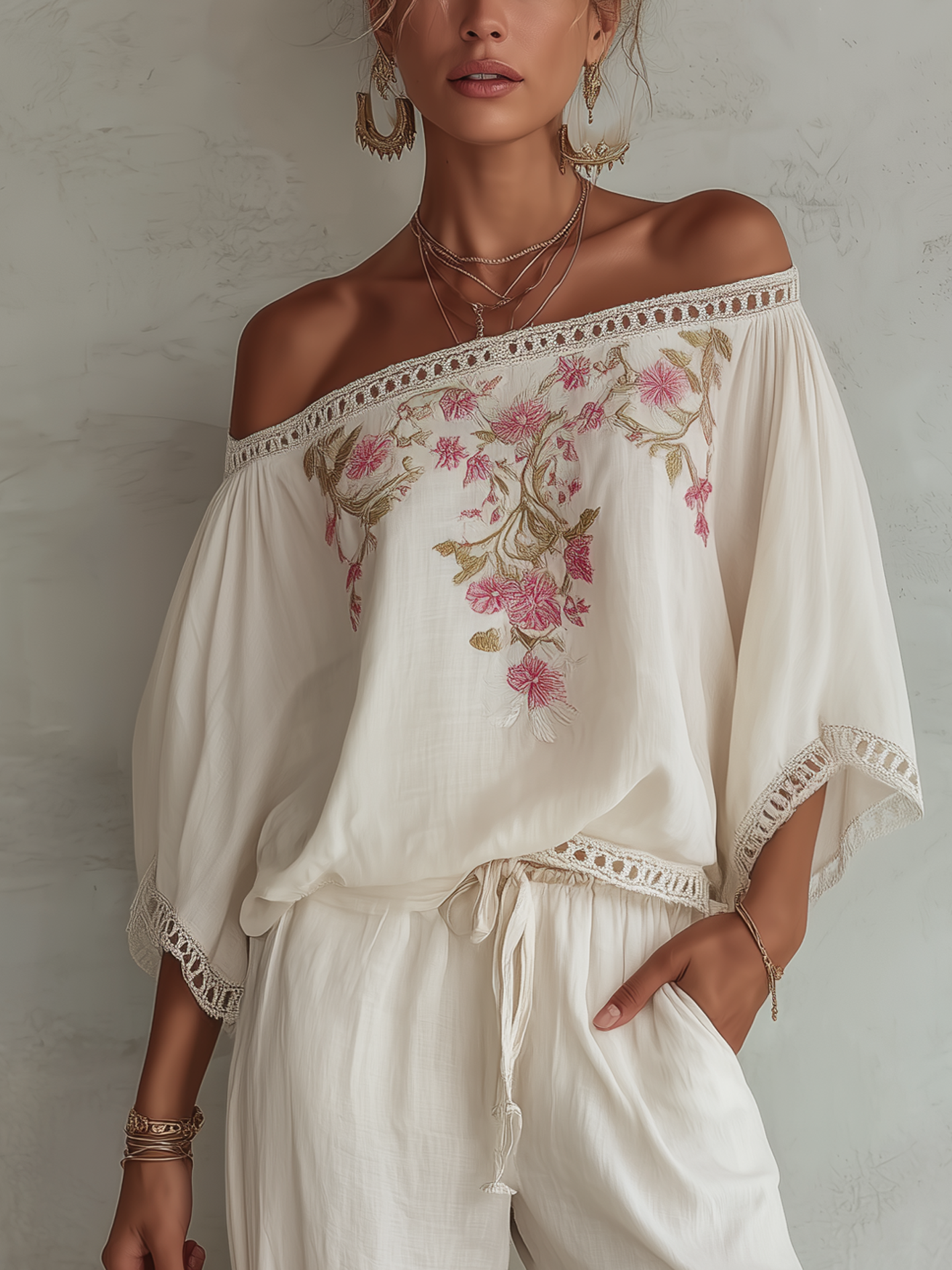 White Off Shoulder Cotton Linen Shirt With Vintage Floral Embroidery