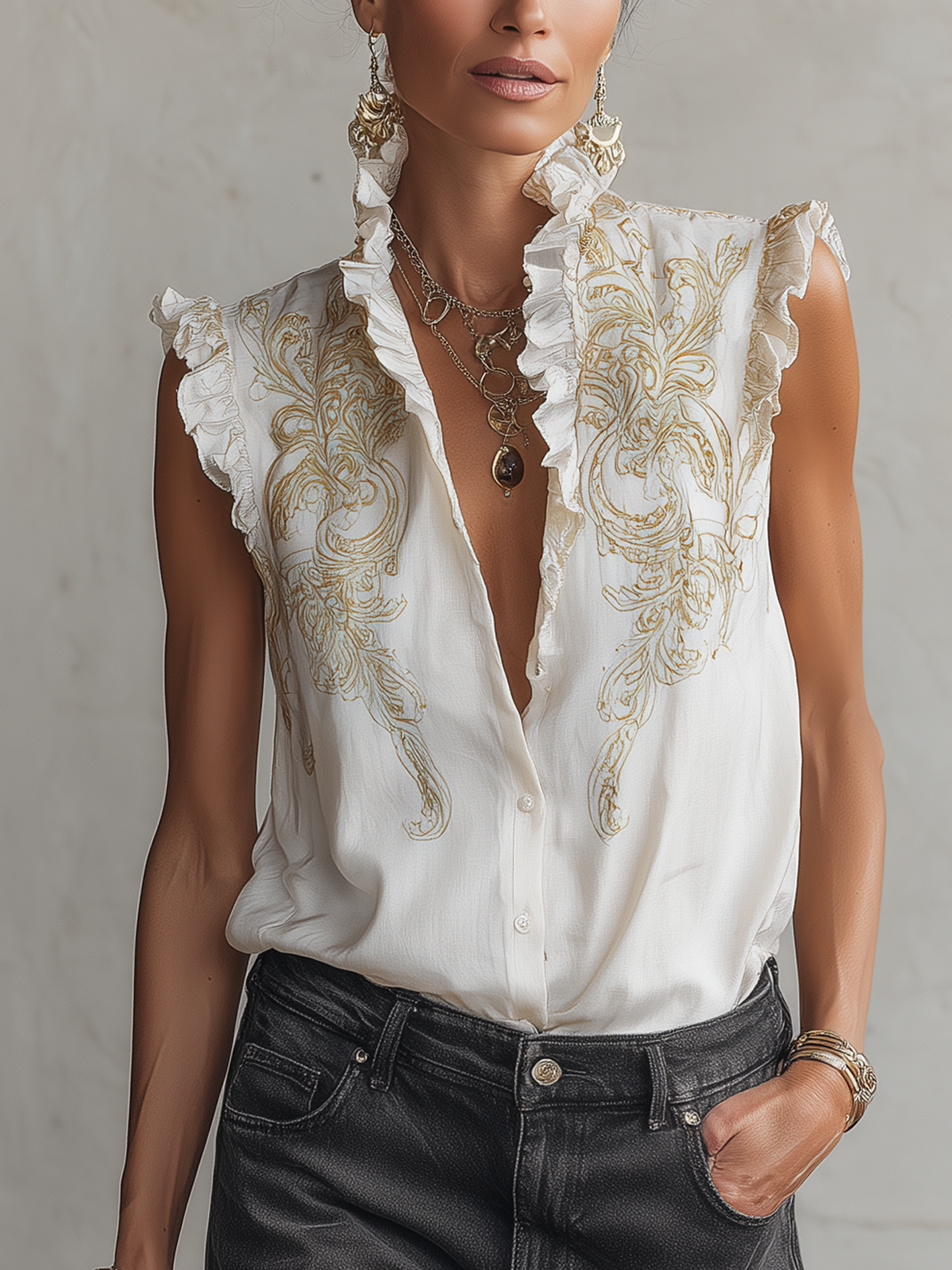 White Vintage Print Ruffled Cotton Linen Blouse
