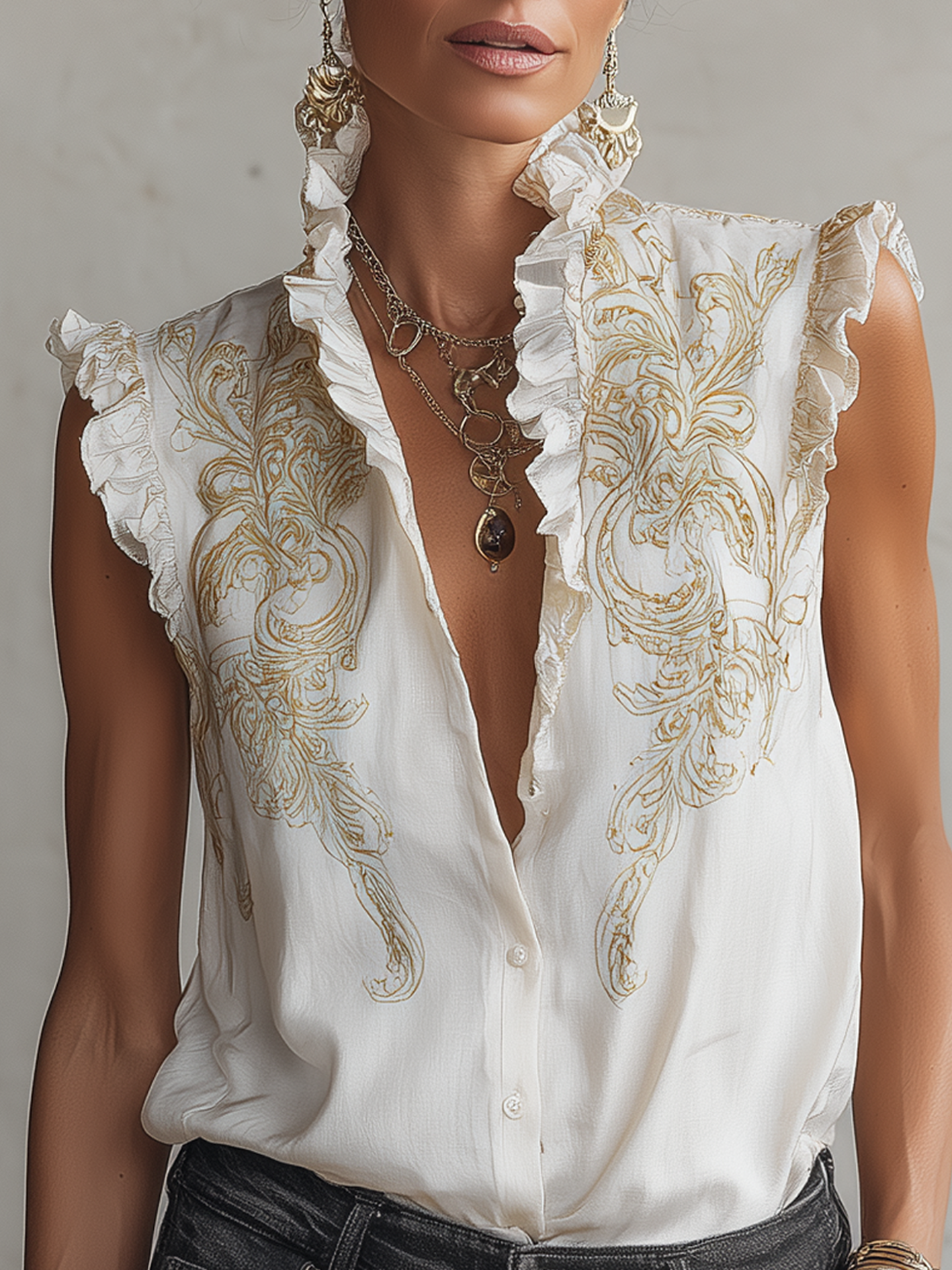 White Vintage Print Ruffled Cotton Linen Blouse