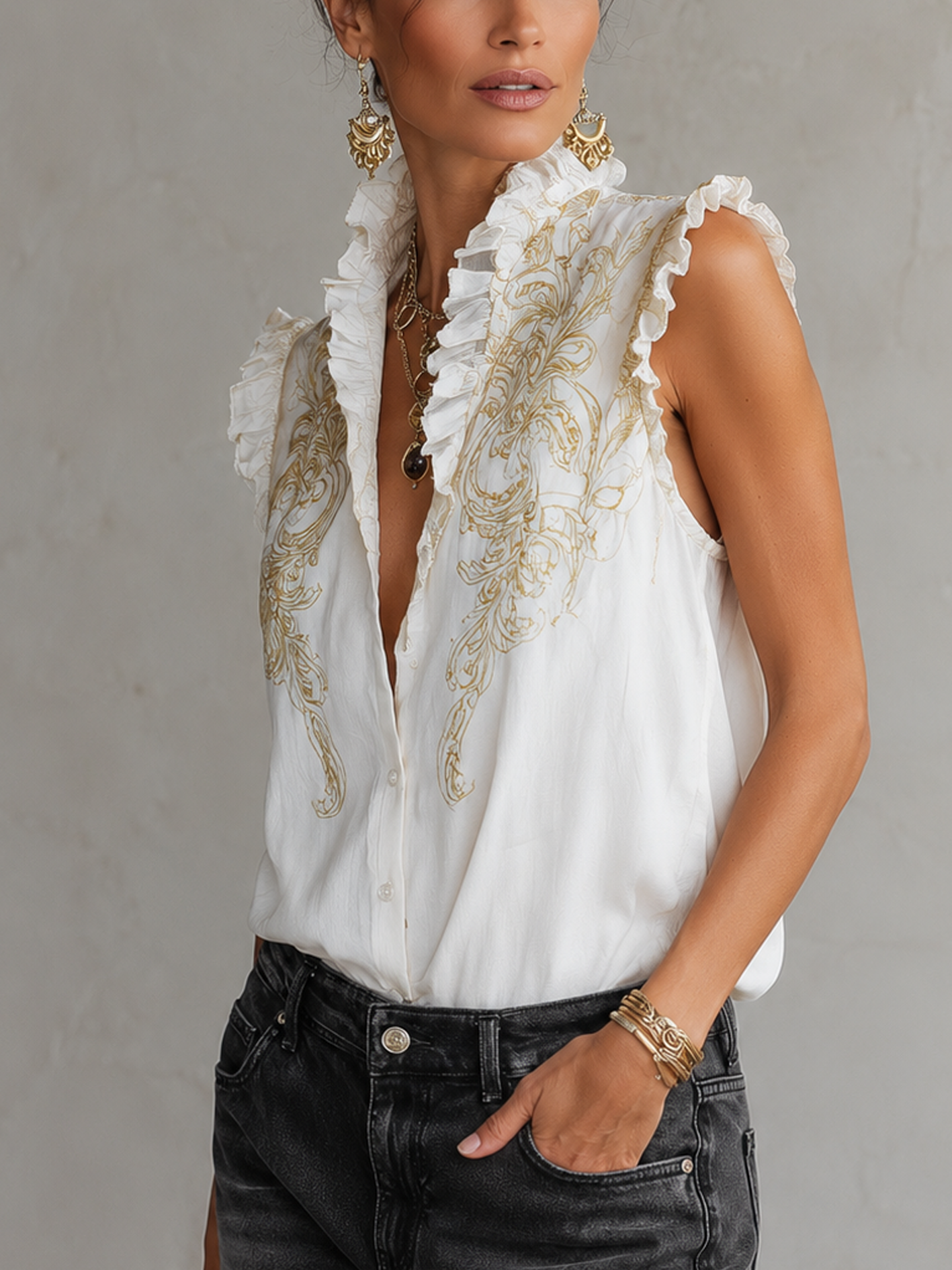 White Vintage Print Ruffled Cotton Linen Blouse