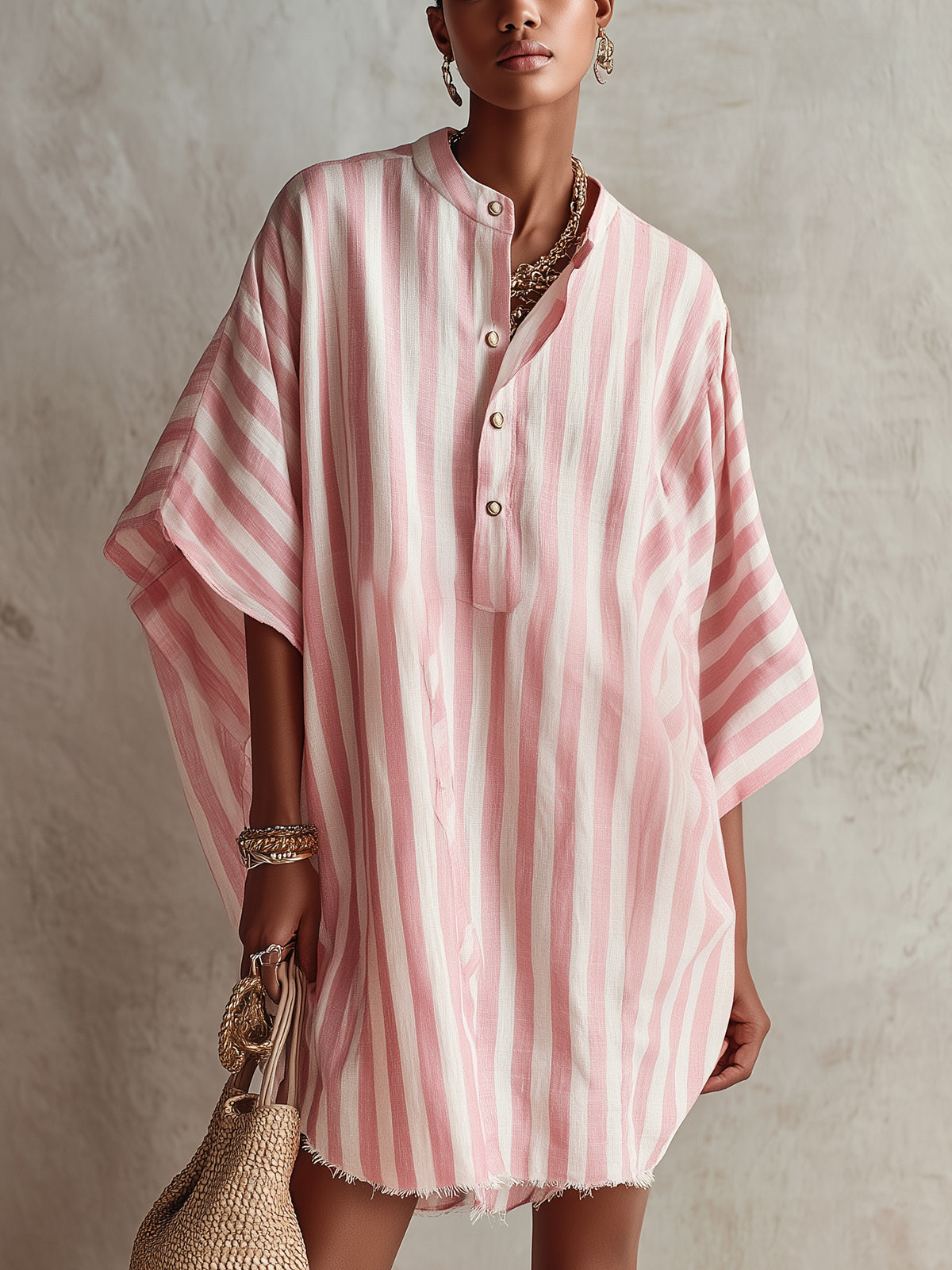 Pink And White Striped Oversized Shirt Dress With Button Neckline