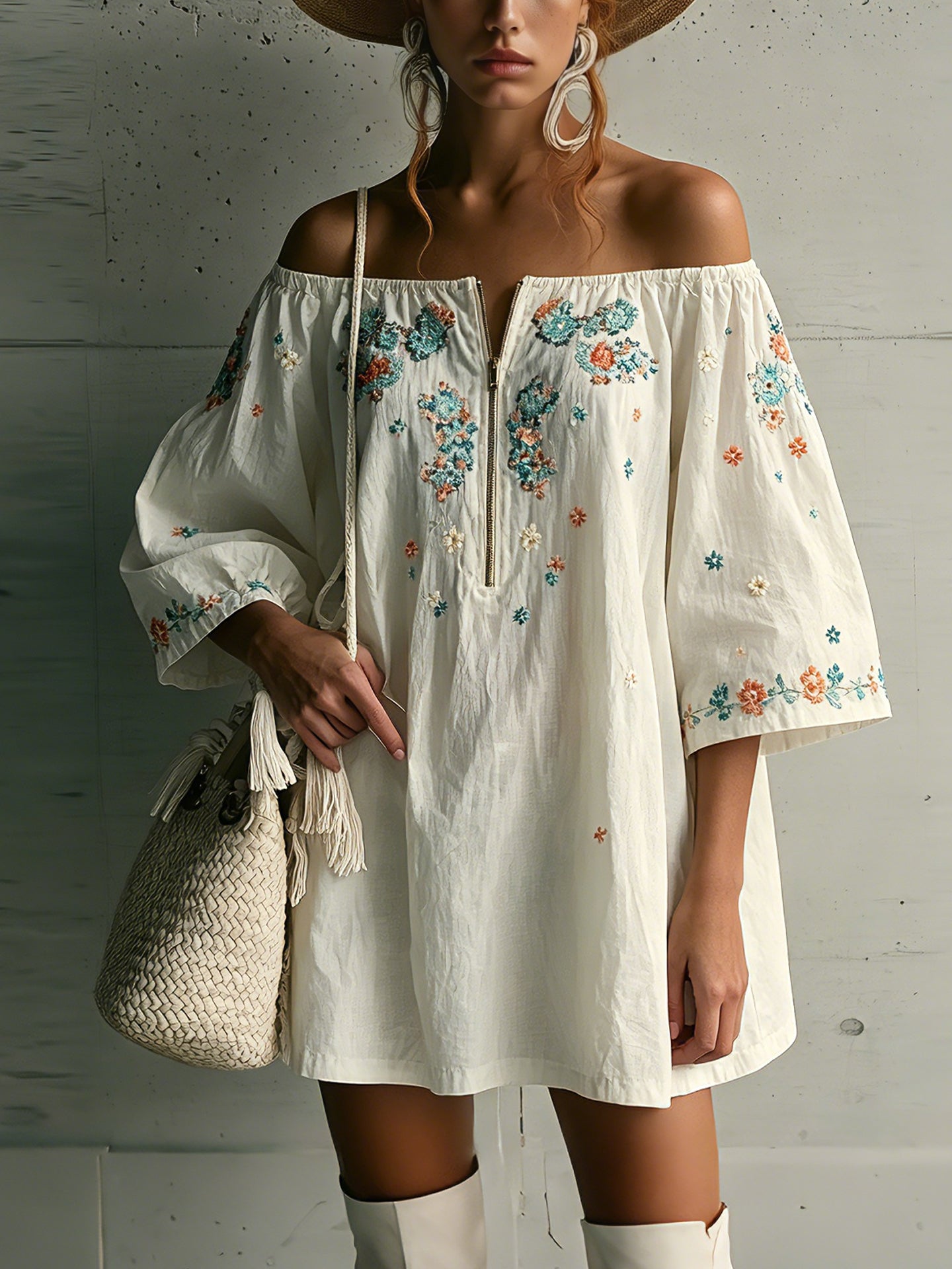 Off White Half Zip Embroidered Cotton Mini Dress
