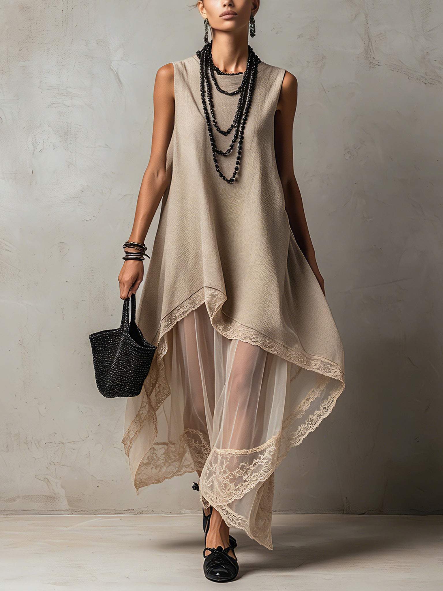 Light Khaki Sleeveless Organza Panel Maxi Dress