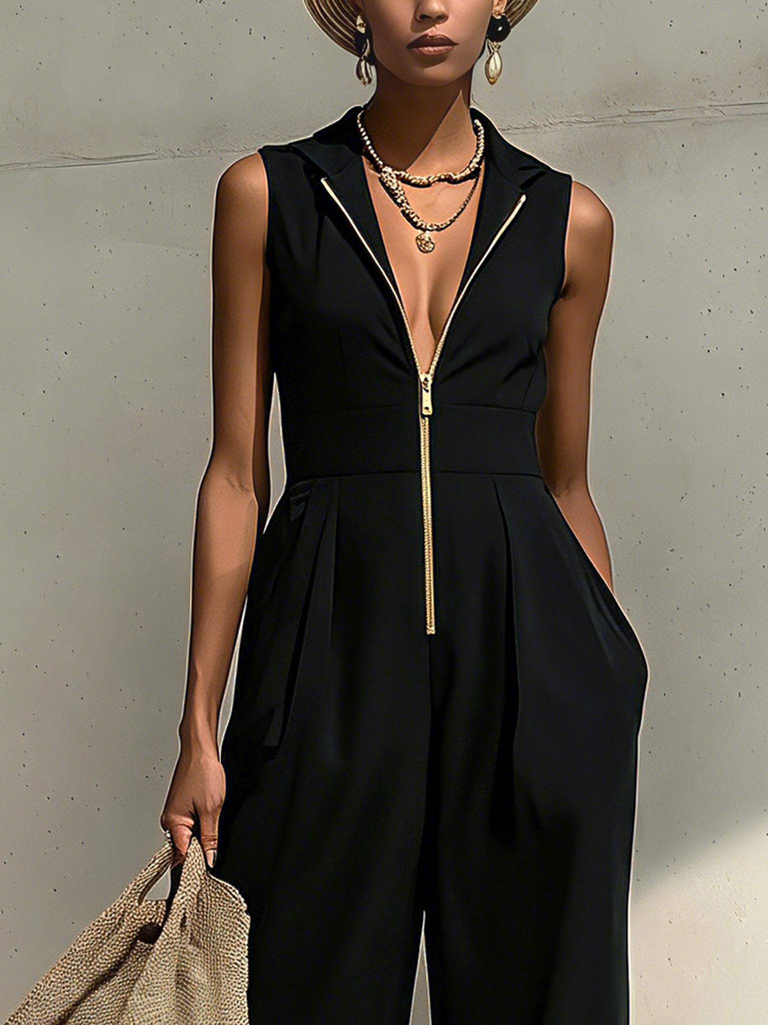 Black Half Zip Gold Embroidered Jumpsuit