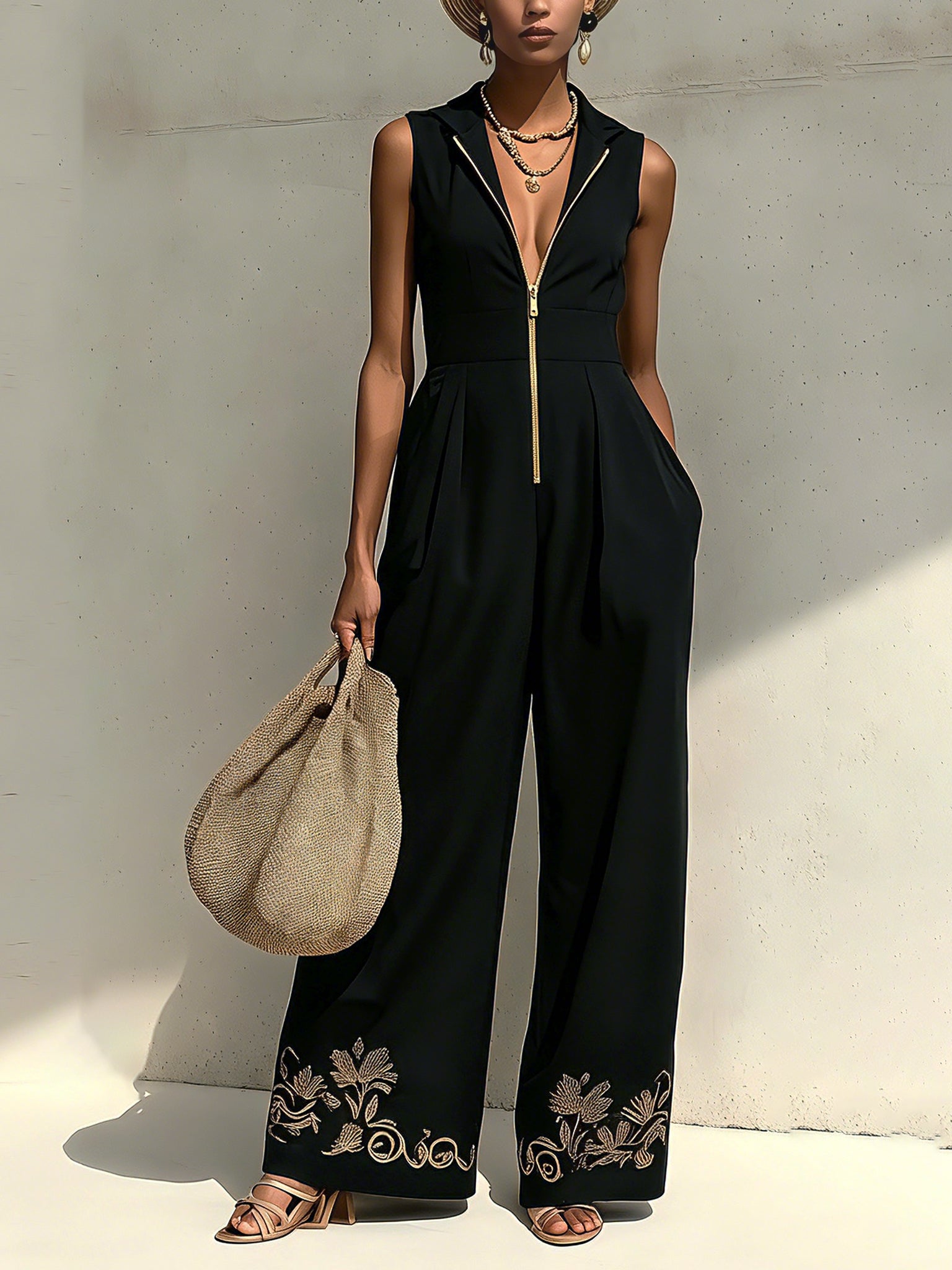 Black Half Zip Gold Embroidered Jumpsuit