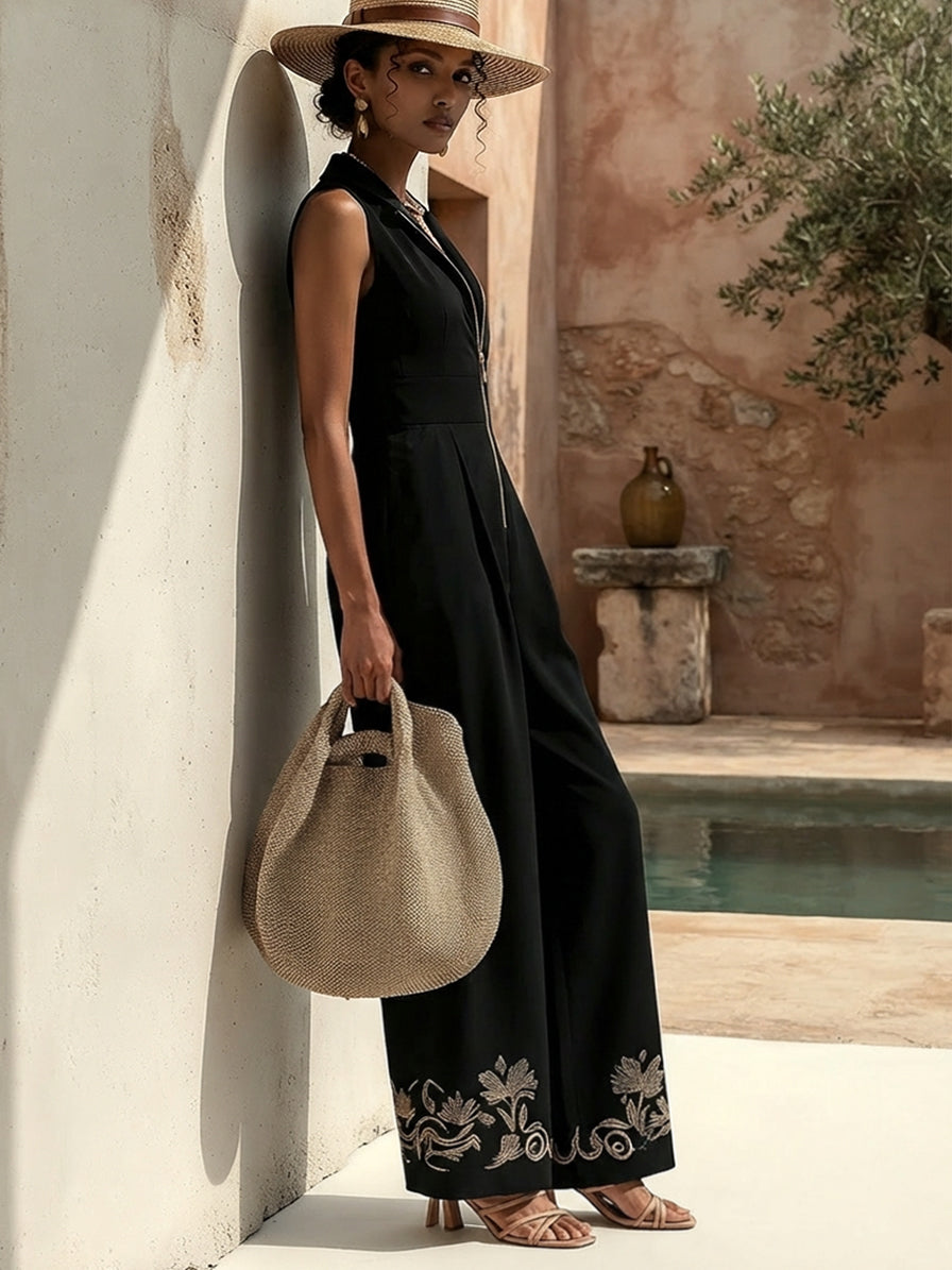 Black Half Zip Gold Embroidered Jumpsuit