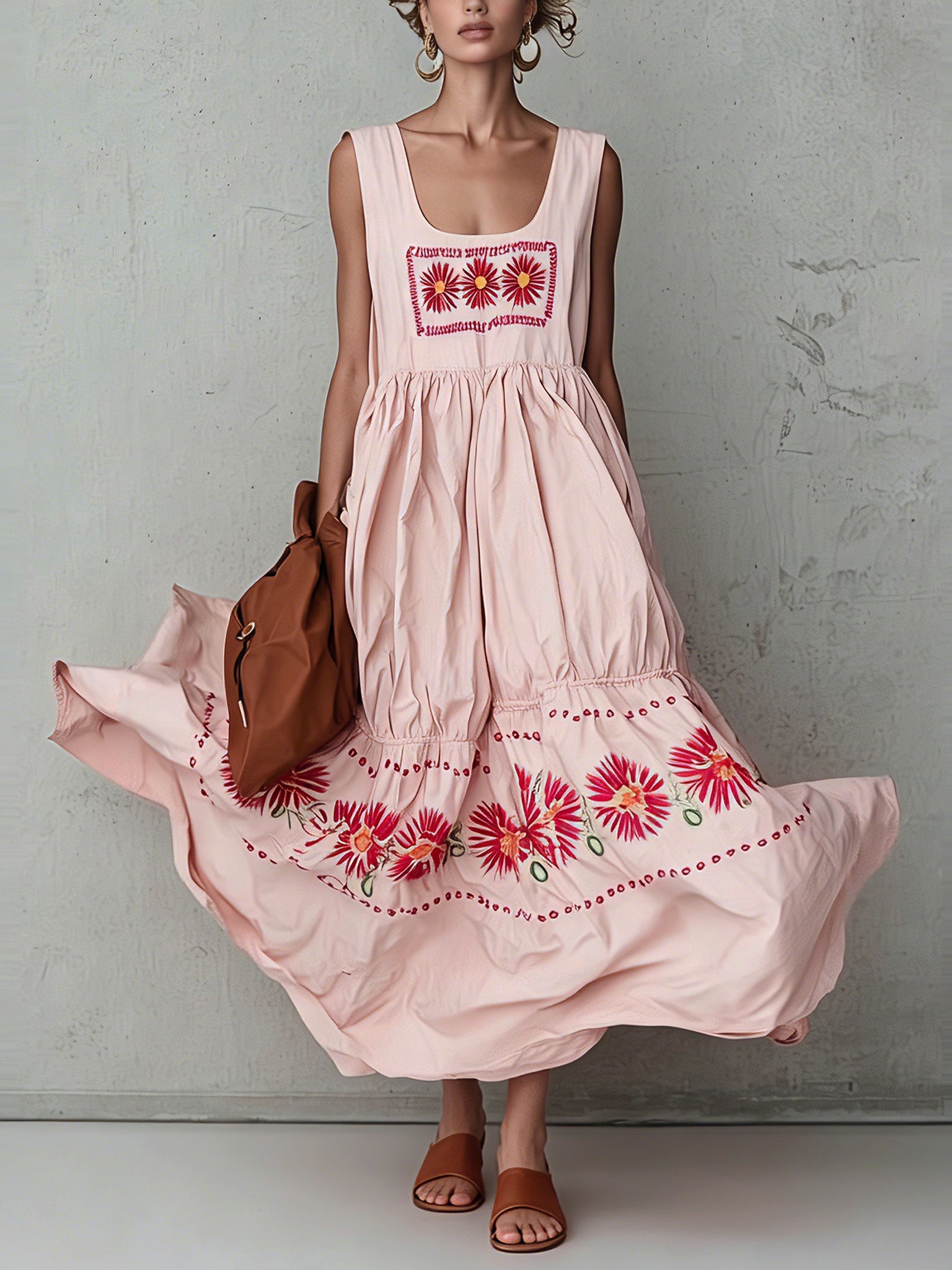 Pink Floral Print Sleeveless Maxi Dress