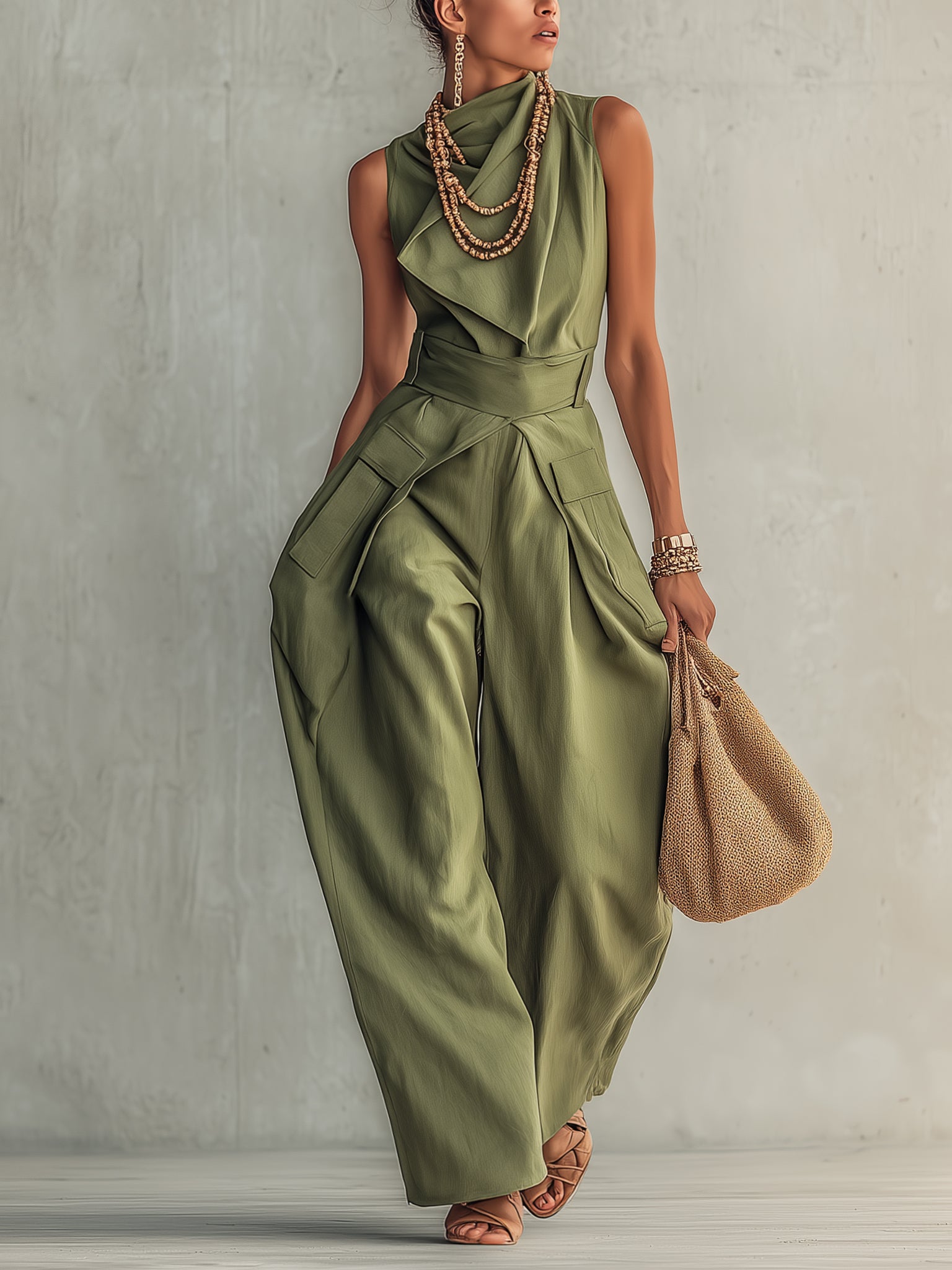 Soft Sage Linen Blend Sleeveless Jumpsuit