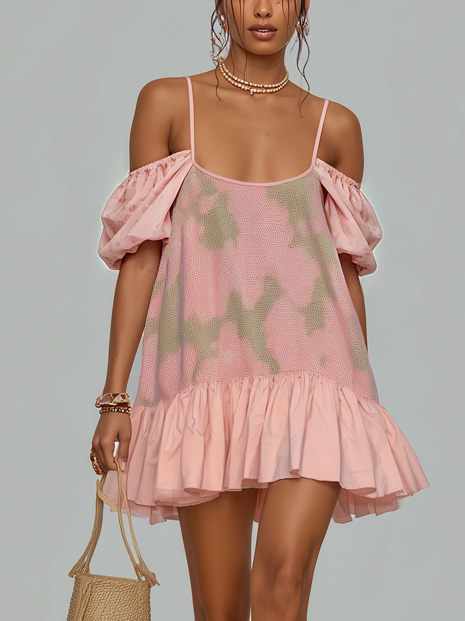 Pink Printed Mesh Mini Dress