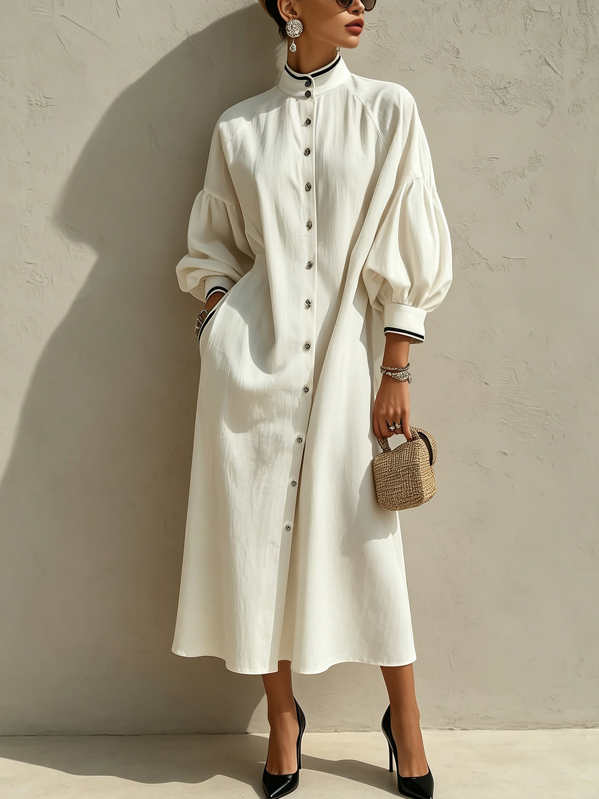 Ivory Contrast-Trim Lantern Sleeve Button-Front Midi Dress