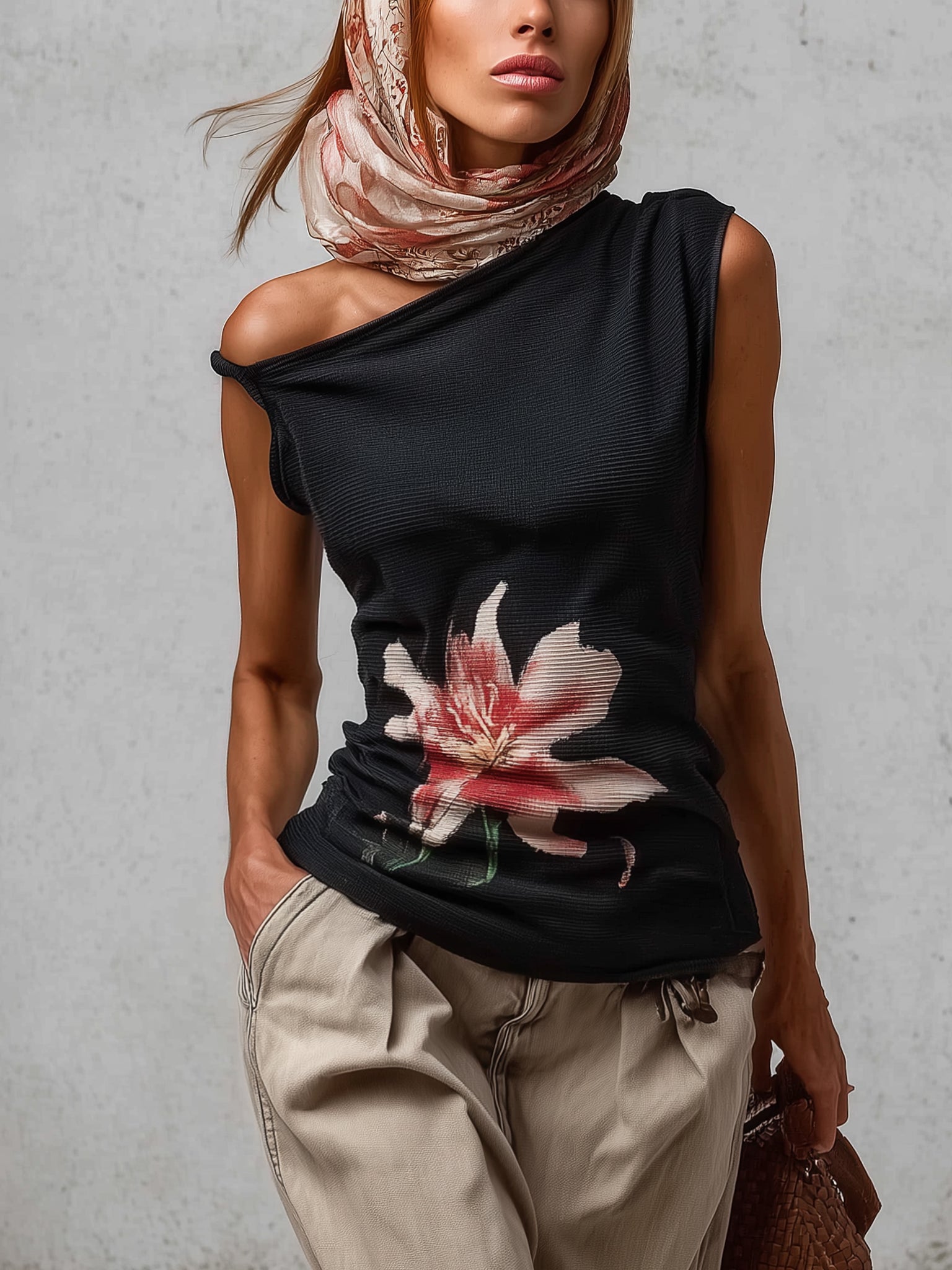 Black Asymmetric Sleeveless Floral Knit Top